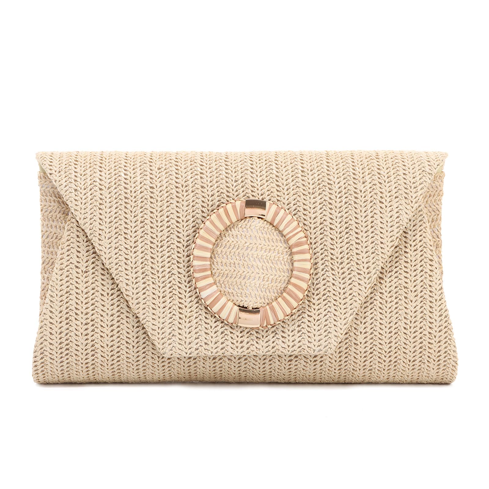 BWBIKE Bolso de Mano Tejido de Rrafia para Mujer - Elegante Bolso Bandolera de Paja para Verano, Playa, Bodas y Fiestas Formales, Bolso de Mano Tipo Sobre con Cadena Extraíble