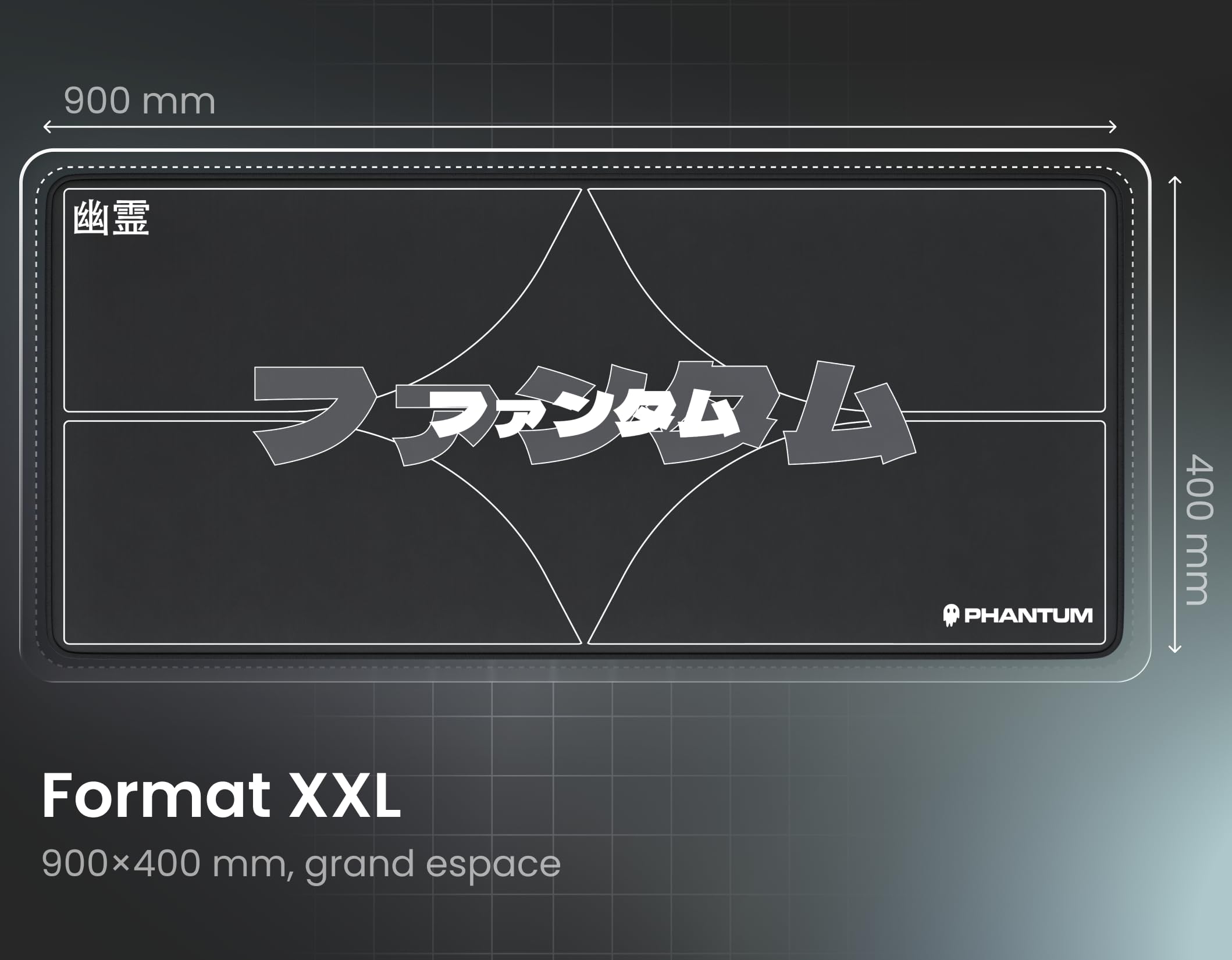 Phantum Kamon – Alfombrilla de ratón para juegos XXL 900 x 400 mm, superficie de microfibra hidrofóbica de alto rendimiento, base de goma antideslizante, suave velocidad y control preciso (Dark)