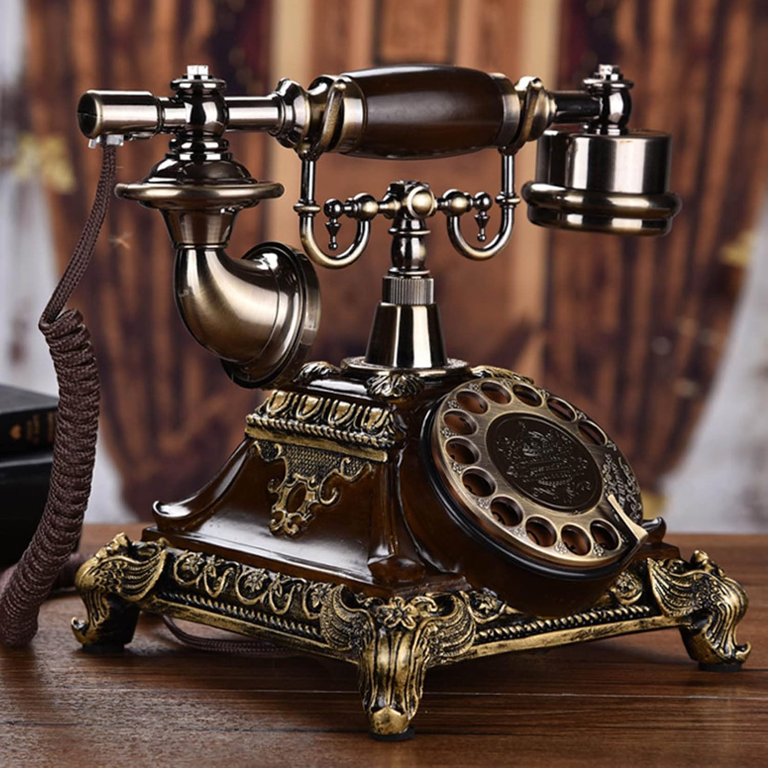 Vintage Telephone Antique Desk Phone Old Fashioned Rotary Dialing Landline Phones Retro Corded Decorative Telephone,Brown