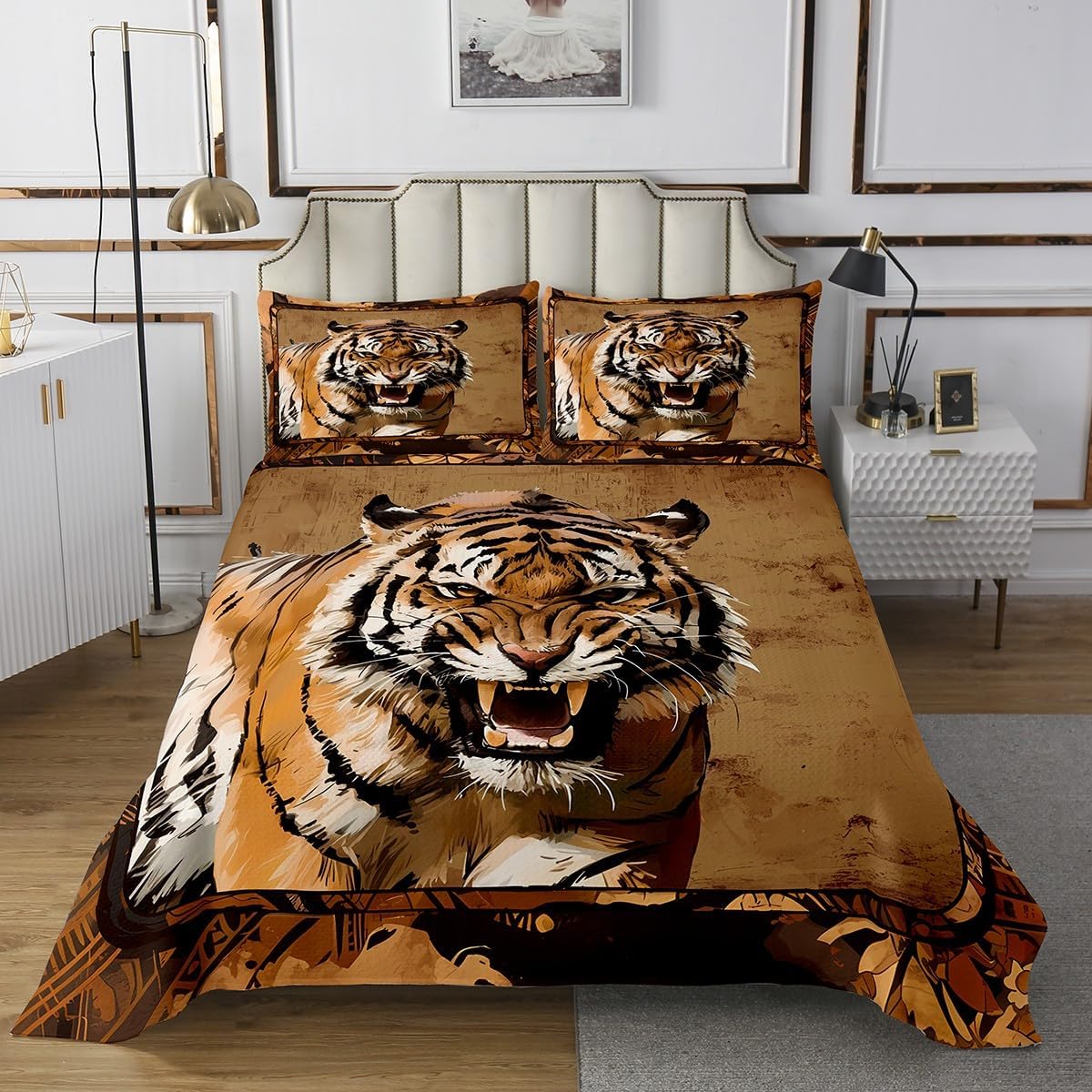 Cool Safari Big Cat Bedspread King,3D Tiger Wild Animal Quilted Coverlet 3pcs for Adults Teens Room Decor,Tiger Soft Breathable Bedding Quilt
