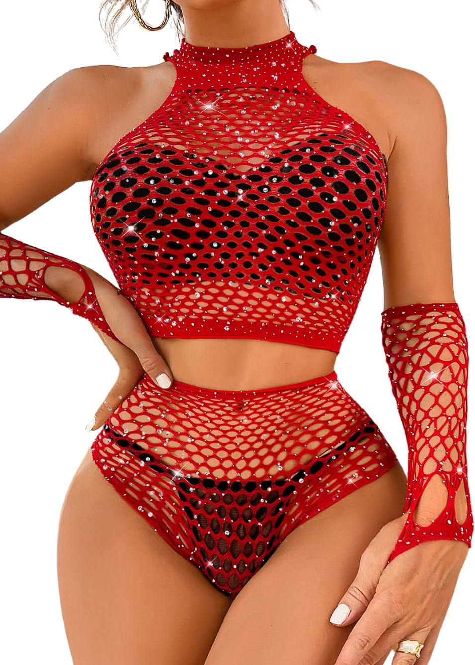 Kaei&Shi Rhinestone Fishnet Lingerie, Sparkly, Hollow, Stretch, Gloves, 3 Pieces