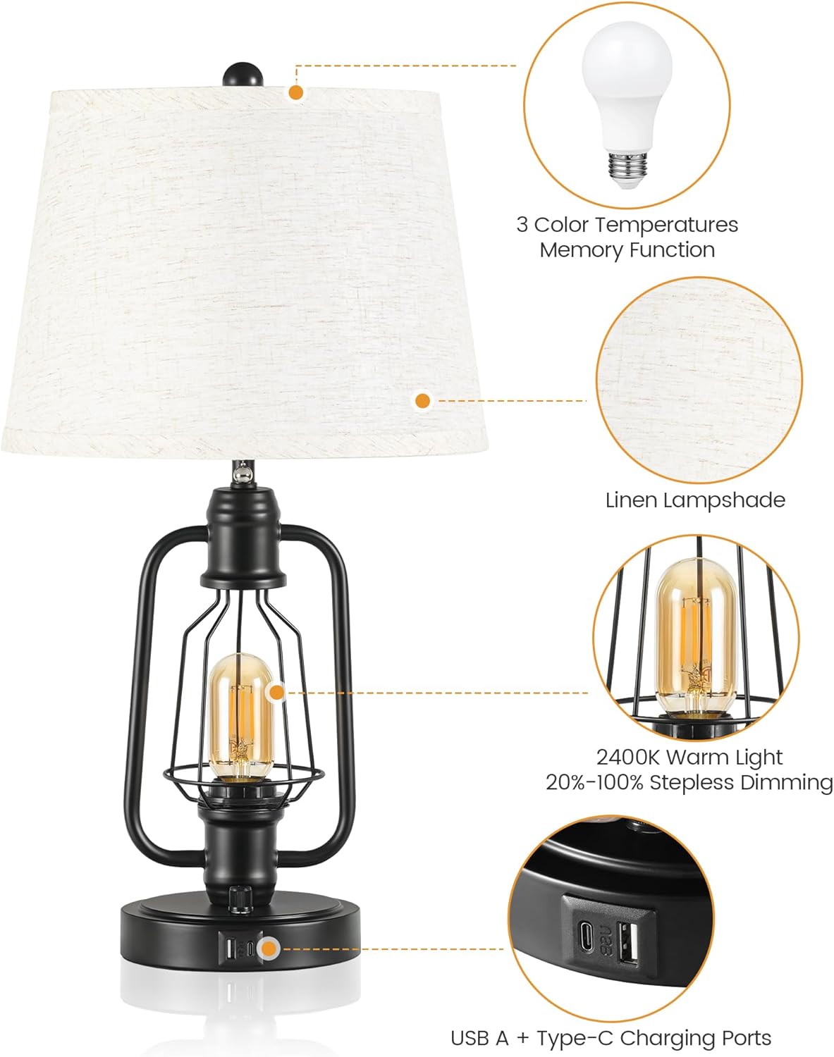 Farmhouse Table Lamps Set of 2, Industrial Bedside Table Lamps with USB Ports, Rustic Vintage Nightstand Desk Lamps for Living Room, Bedroom, 4 Bulbs Included, Beige and Black E14TLP205