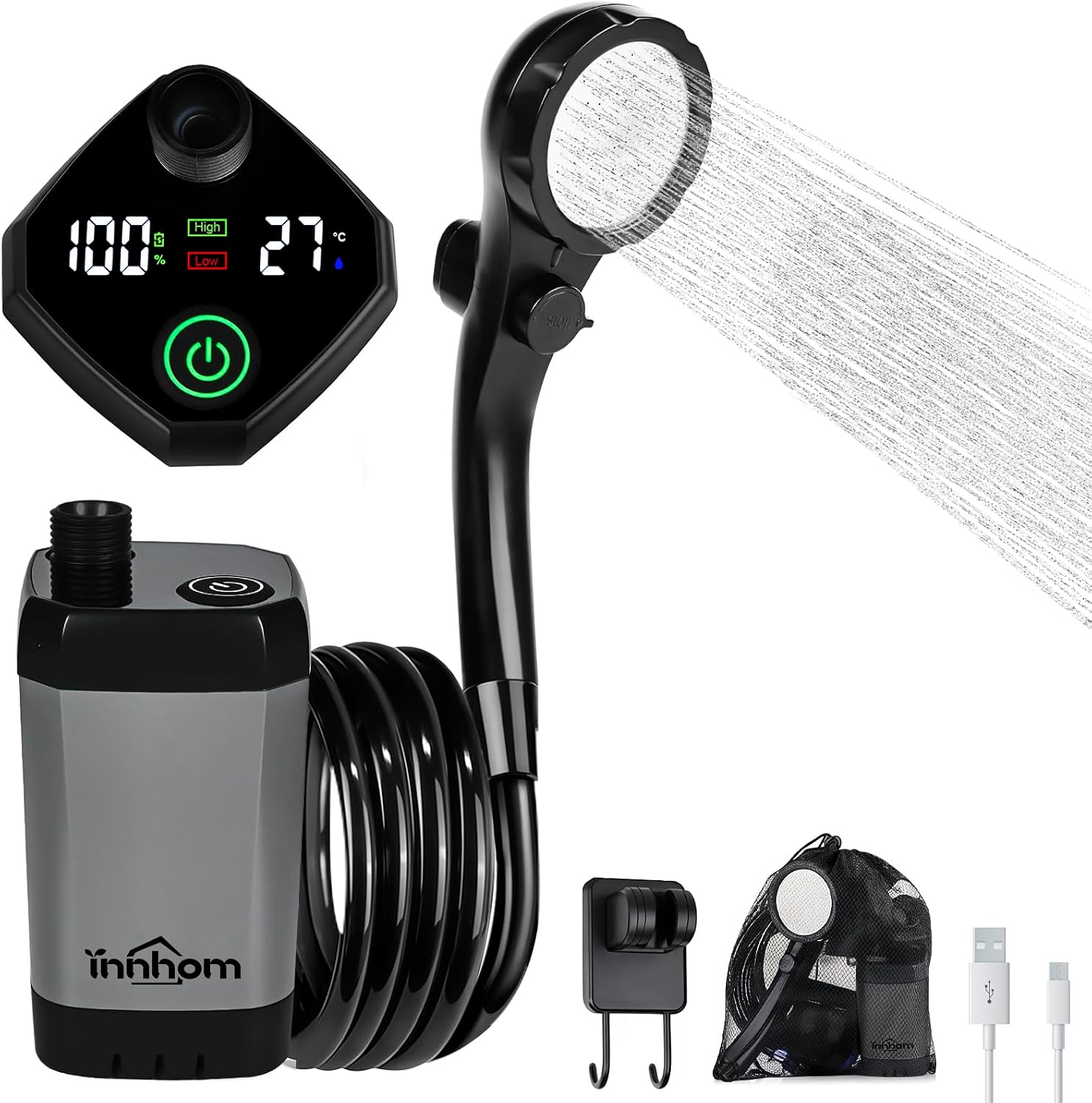 innhom Portable Camping Shower, 6000mAh Rechargeable Camp Shower Pump with LED Display, IPX7 Waterproof & 2 Spray Modes Electric Outdoor Shower for Hiking, Travel, Pet Bathing and Car Washing, Gray