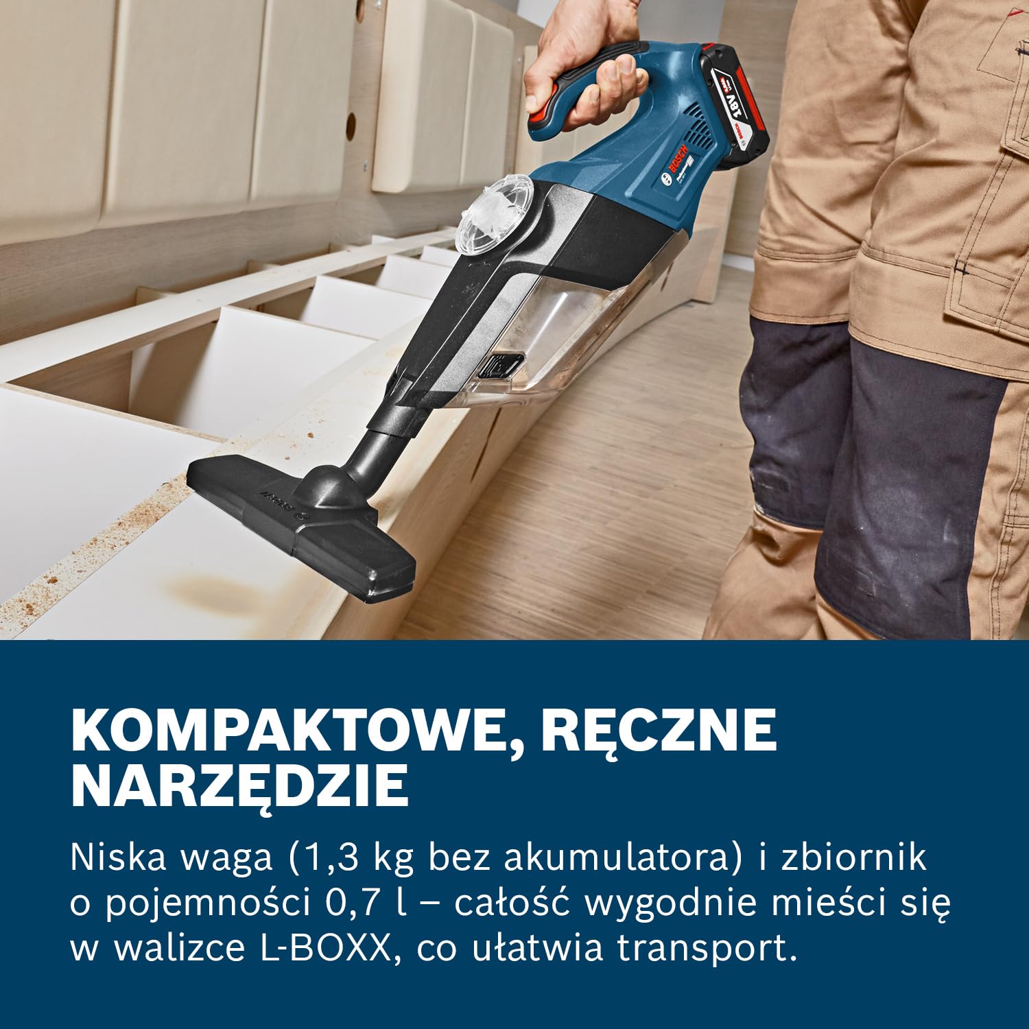 Bosch Professional system 18V: akumulatorowy odkurzacz ręczny GAS 18V-1 (rura, dysza do fug, dysza do dywanów, pojemność zbiornika 1 l)