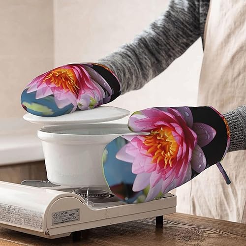 Miniatura 6 de Guantes de horno de silicona con estampado de flores de loto, resistentes al calor hasta 500 F, soporte para ollas para cocinar