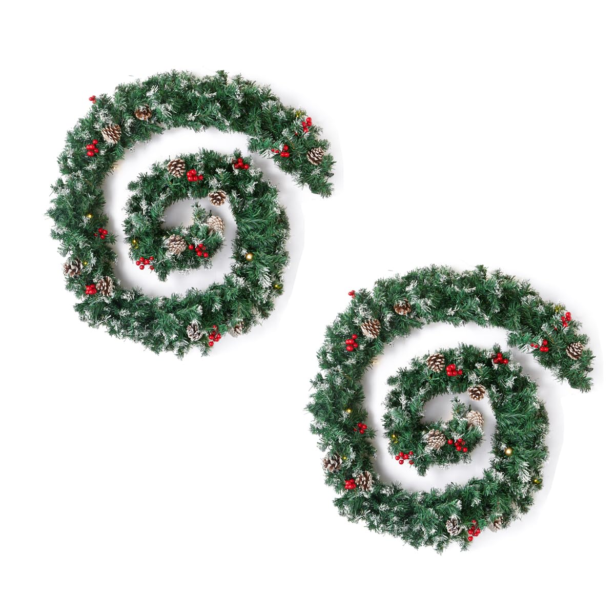 2 Pack 270cm (9FT) Christmas Garland with Lights for Stairs, Snow Tipped Artificial Green Xmas Garland with Pinecones, Red Berries for Fireplace Wall Door Xmas Wreath Garlands Decor