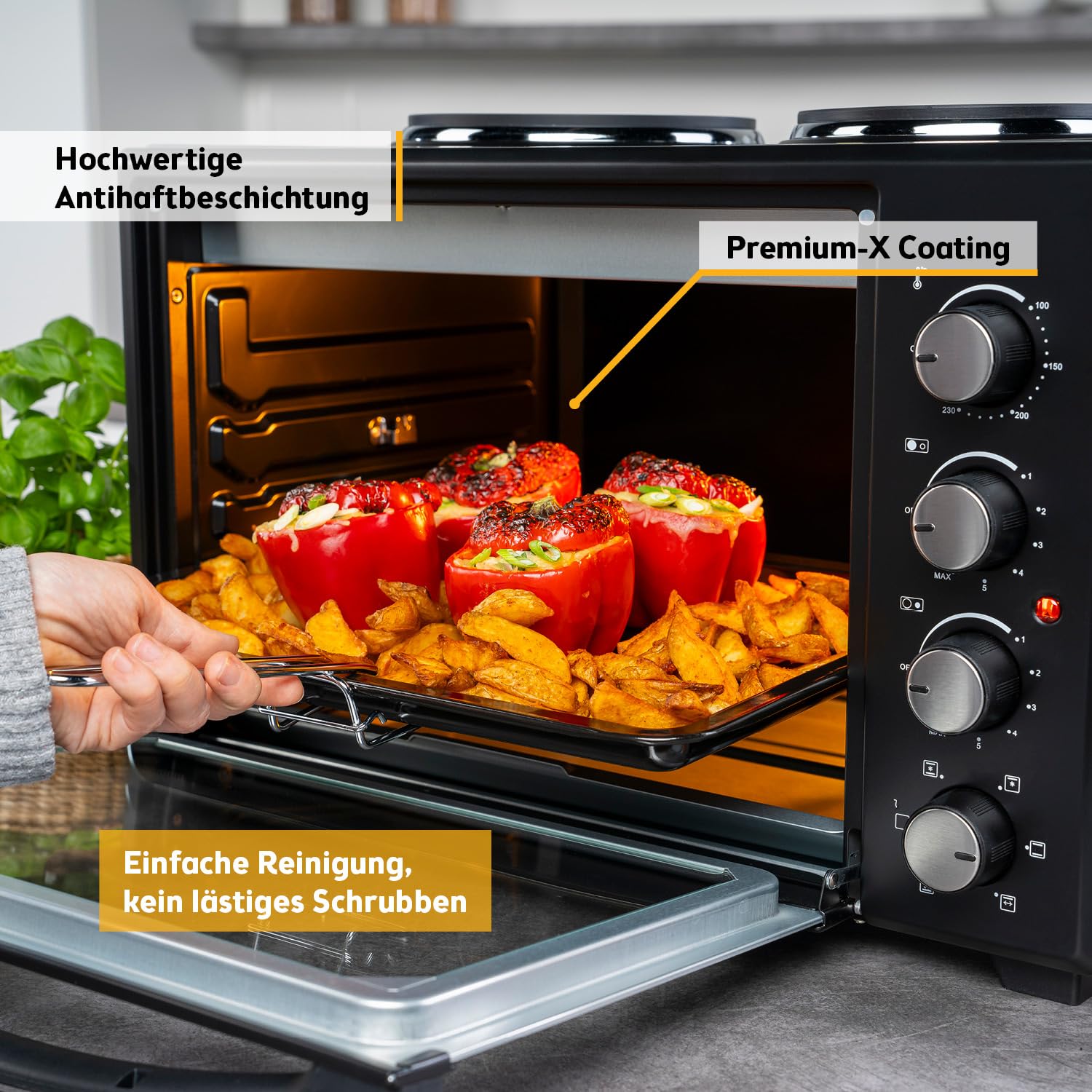 TZS First Austria - Minibackofen mit Kochplatten 45L 3200 W - Mini Backofen Pizzaofen mit Herdplatten bis 230°C & Antihaftbeschichtung - Miniofen Kombigerät mit 4 Einschubhöhen & hochwertigem Zubehör