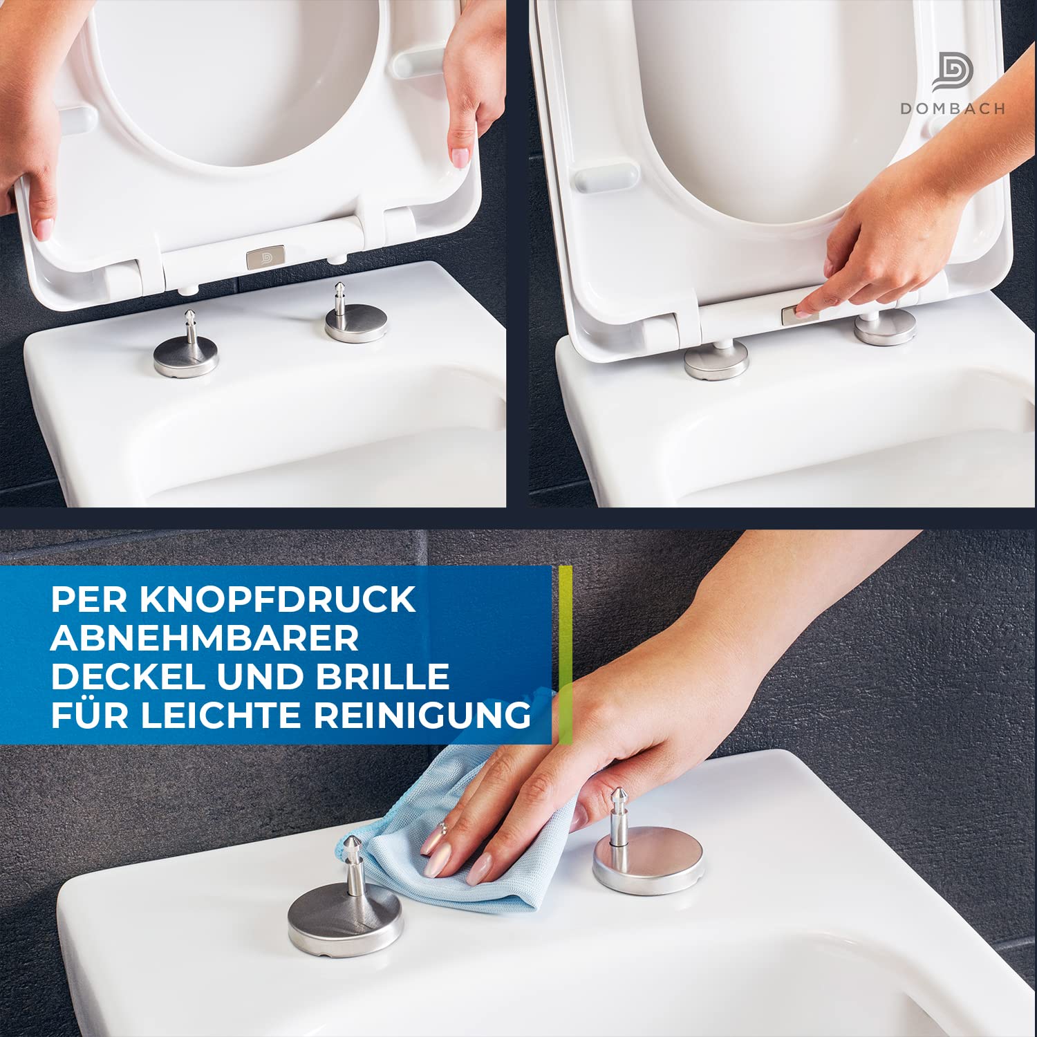 DOMBACH - Premium Toilettendeckel mit Absenkautomatik Abnehmbar (Weiß) WC Sitz mit Absenkautomatik, Klodeckel mit, Klobrille, Toilettensitz, WC Deckel, Toilettenbrille Klobrille, D-Form