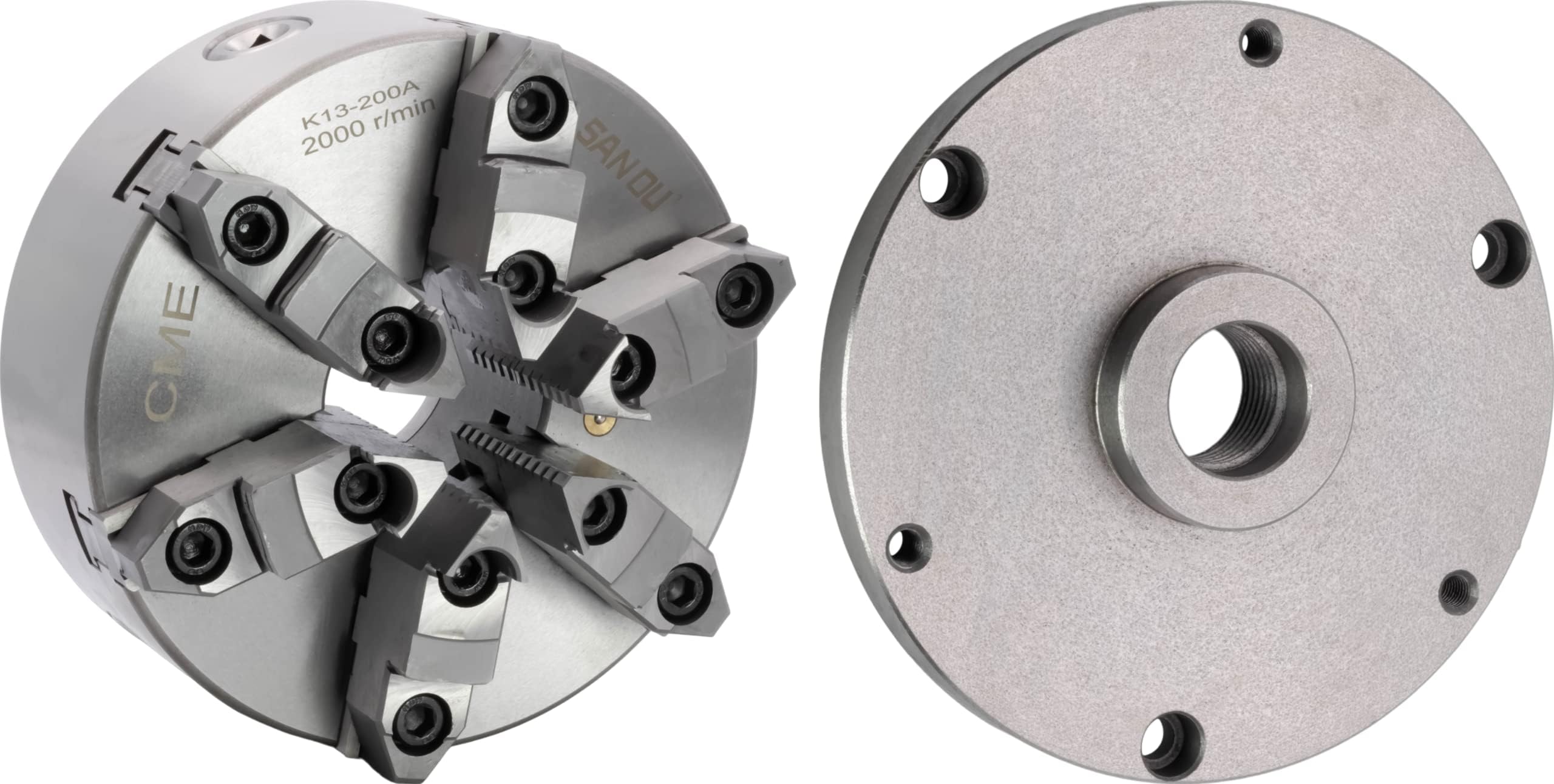 CME 8" 6-Jaw Self-Centering (Scroll) Lathe Chuck with 1 1/2"-8 Threaded Backing Plate, Two-Piece Reversible Jaws
