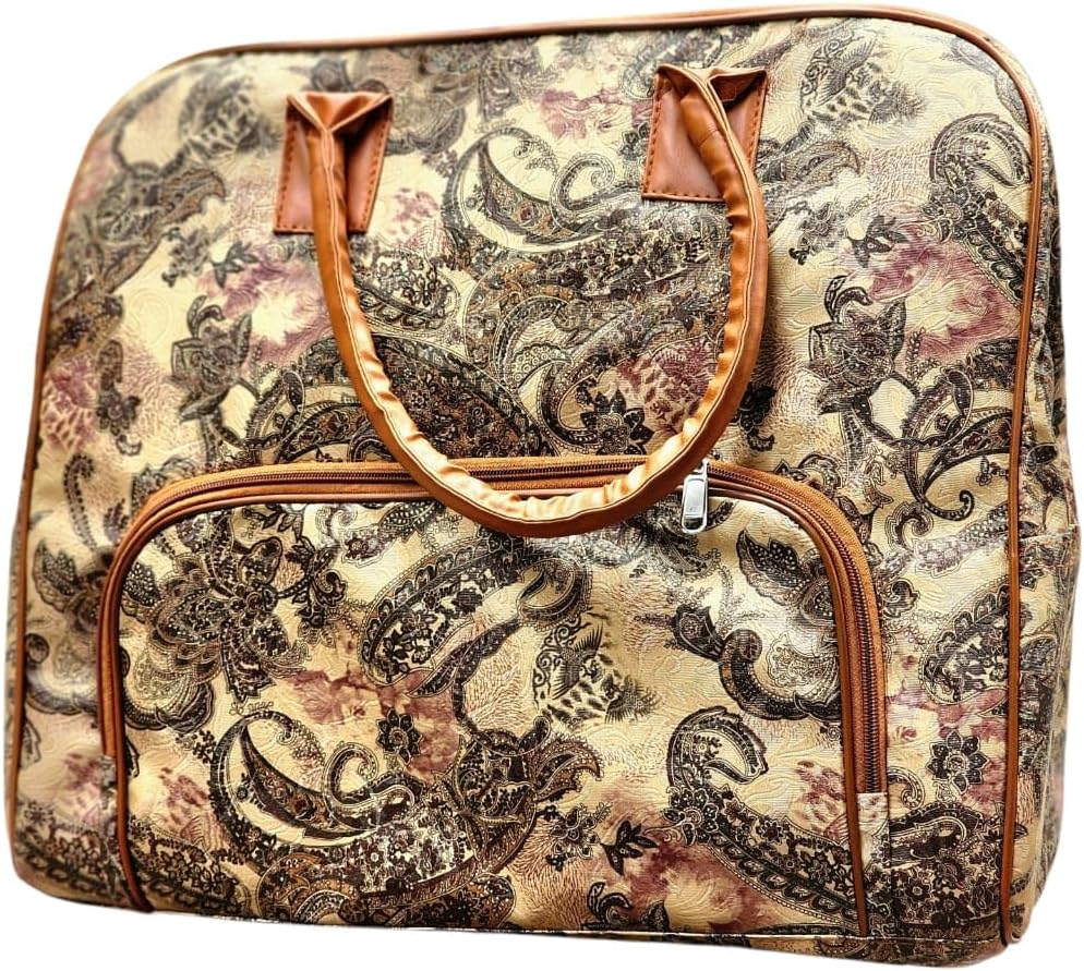 Women Handbags Stylish Regular Use Tapestry Travel Bag, Paisley Pattern, Brown Leather Trim, Carry-On Luggage, Vintage Style