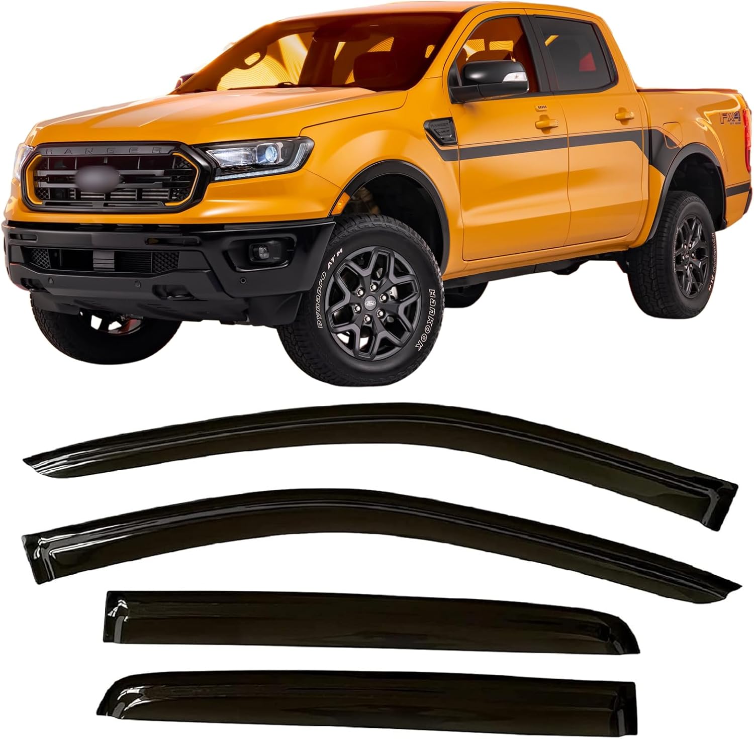 2019-2023 Tape-On Rain Guards for Ford Ranger SuperCrew Side Window Visor Deflectors XL XLT Lariat Smoke Durable Tinted Shades 2020 2021 2022