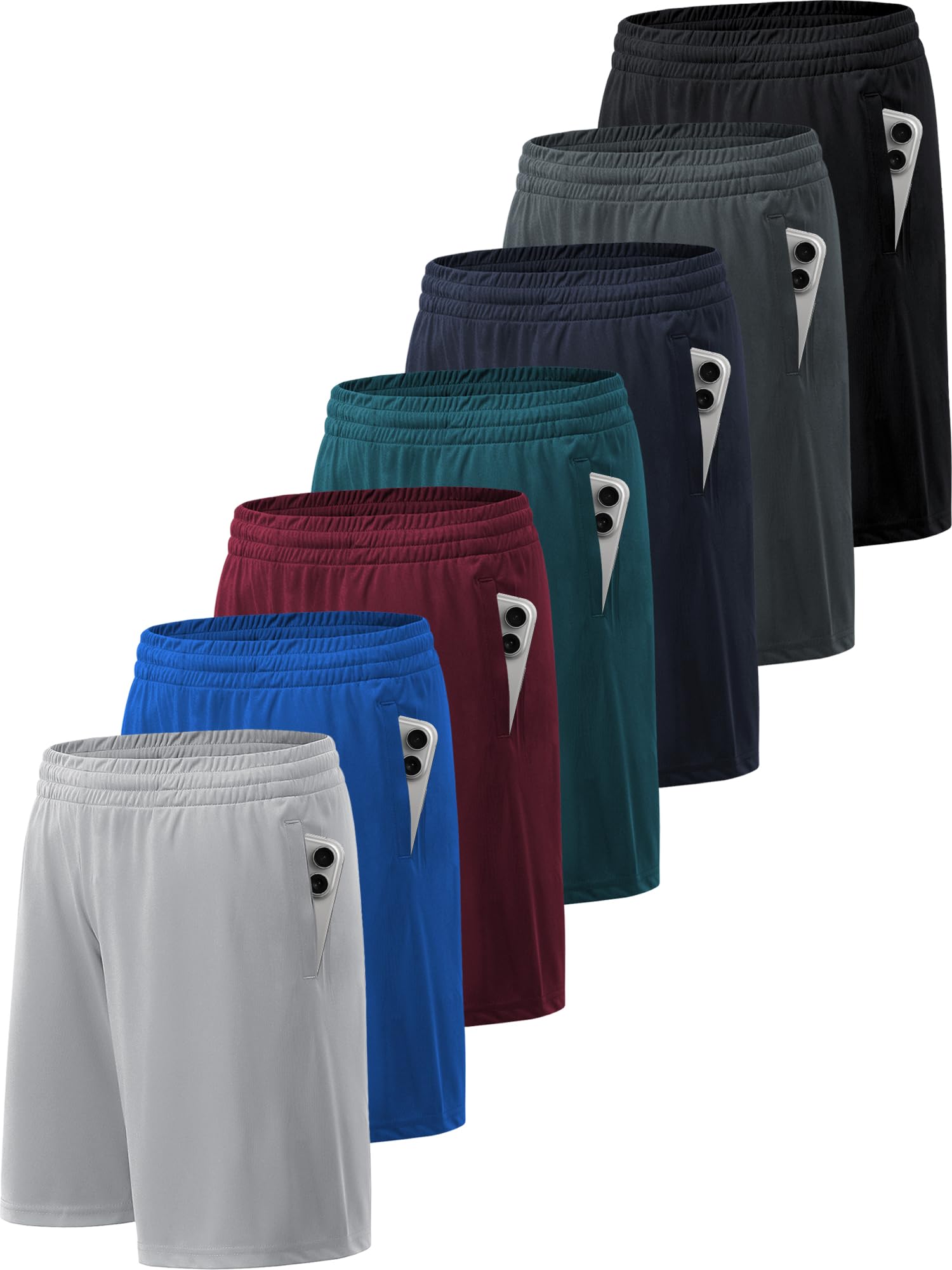 BVNSOZ Pantaloncini sportivi da uomo con tasche e elastico in vita, ad asciugatura rapida, pantaloncini da allenamento per uomo, Confezione da 7 nero, grigio scuro, grigio chiaro, blu navy, blu, rosso