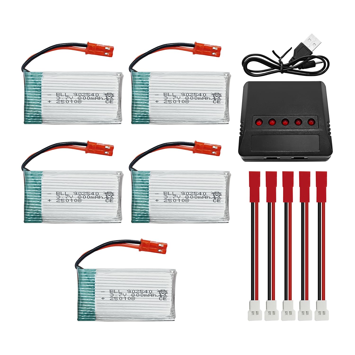 5PCS 3.7V 800mAh Lithium Battery with Balanced Charger 5-in-1 for MJX X400 X400W X800 X300C Sky Viper S670 V950HD V950str S1750 V2450 HS110 HS200 HS200W HS200W 110W 110One RC Helicopter Battery