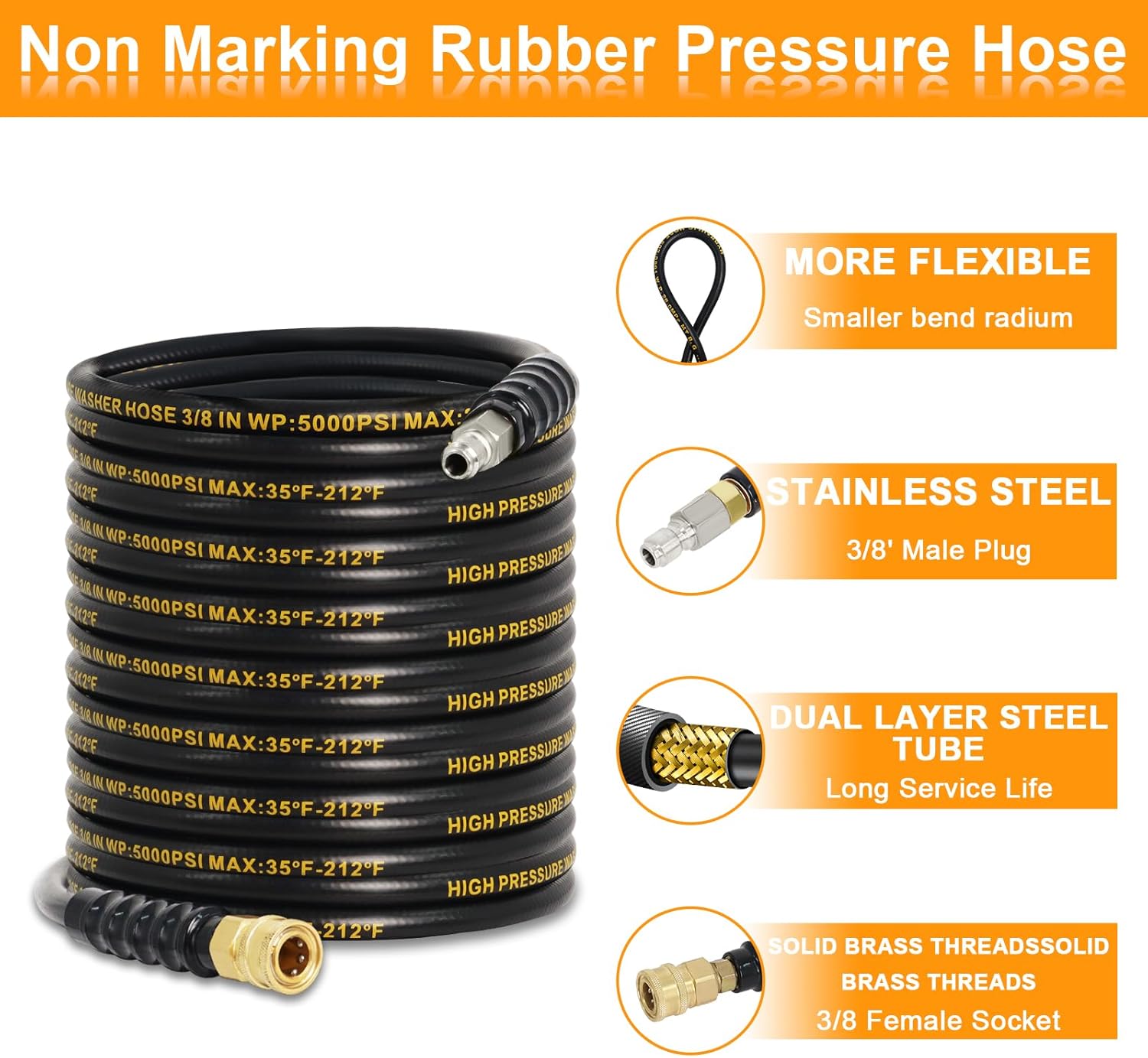 50FT Pressure Washer Hose 3/8''- 5000 PSI High Tensile Wire Braided Kink Resistant Power Washer Hoses Extension, Hot & Cold Water Max 212°F with 2 Pcs M22-14mm 3/8" Quick Connect Kits