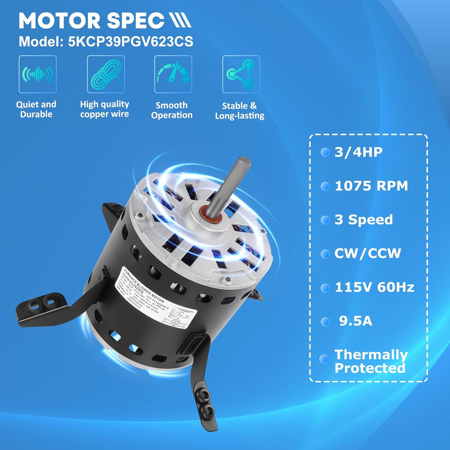 5KCP39PGV623CS Replacement Blower Fan Motor 3/4HP 1075 RPM 115V 9.5A, Compatible with Carrier Bryant Payne Furnace & GE Genteq Motor