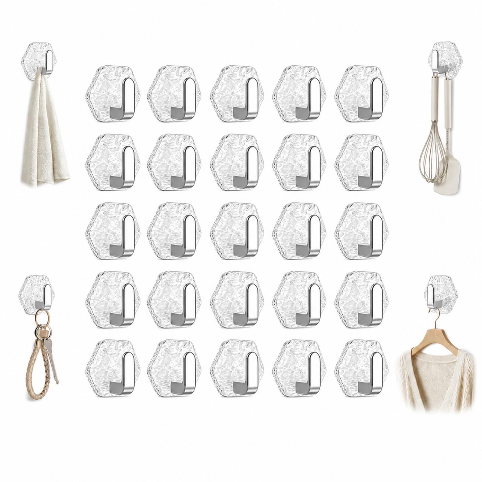 ZrdlqlLcjxy Water Ripple Hexagonal Self Adhesive Hooks, Drill Free Wall Hangers, Transparent Key Holder for Bathroom, Kitchen, Office, Living Room，25Pcs（Silver）