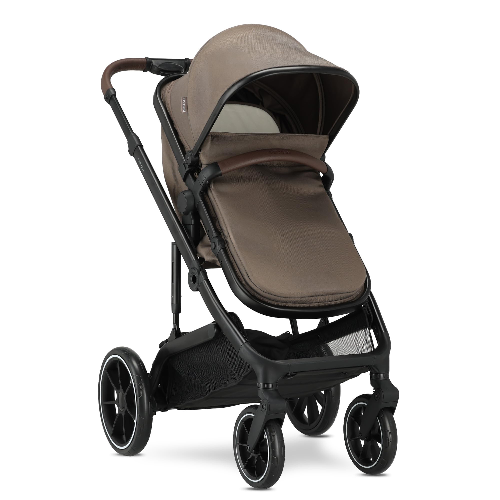 Deryan NOA Passeggino combinato 3 in 1, con seggiolino auto, passeggino multifunzione, con lettino, seggiolino sportivo e seggiolino, leggero e pieghevole, Nocciola