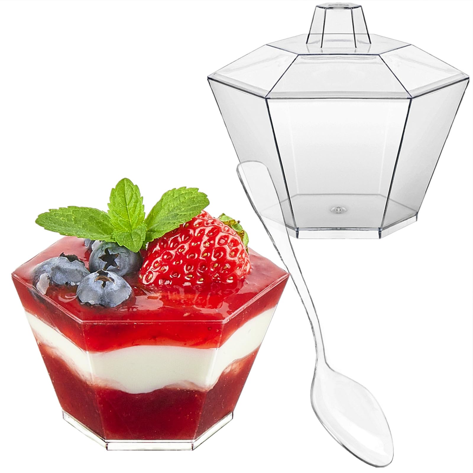 TOFLEN 3.5 oz Mini Dessert Cups with Lids and Spoons 150 Pcs | Serves 50 | Hexagonal Small Plastic Dessert Cups for Parfait, Cake, Mousse, Appetizers, Jello Shot and Puddings