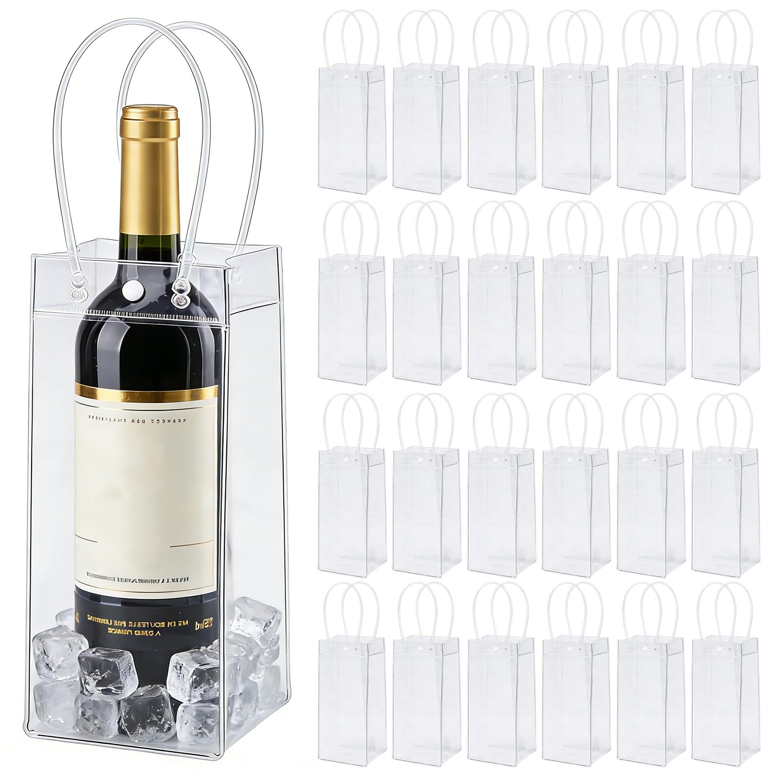 Lot de 24 refroidisseurs de bouteilles Ice Bag - 10 x 25 x 10 cm - Transparent - Sac à glace en PVC - Sac à glace anti-fuite avec poignée pour bière froide, vin, boissons, fête, extérieur