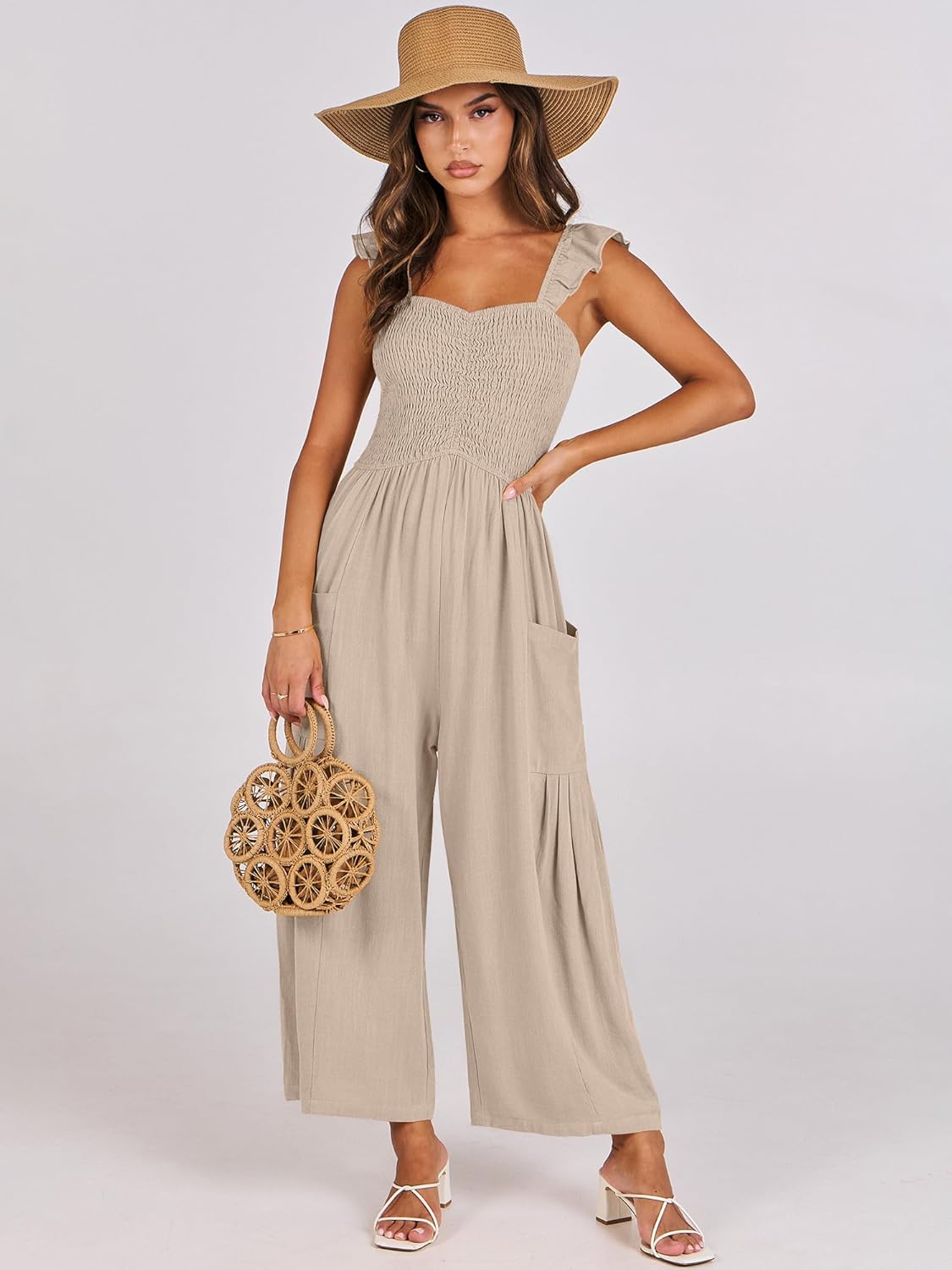 ANRABESS Women Summer Casual Dressy Sleeveless Smocked Wide Leg Linen Jumpsuits Rompers 2026 Trendy Travel Outfit Pocket - Image 2