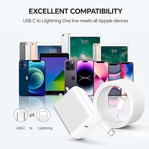 Miniatura 5 de Compatible con cargador de iPhone de 6/10 pies, carga rápida, paquete de 20 W, PD tipo C, bloque de carga rápida y cable de carga rápida compatible