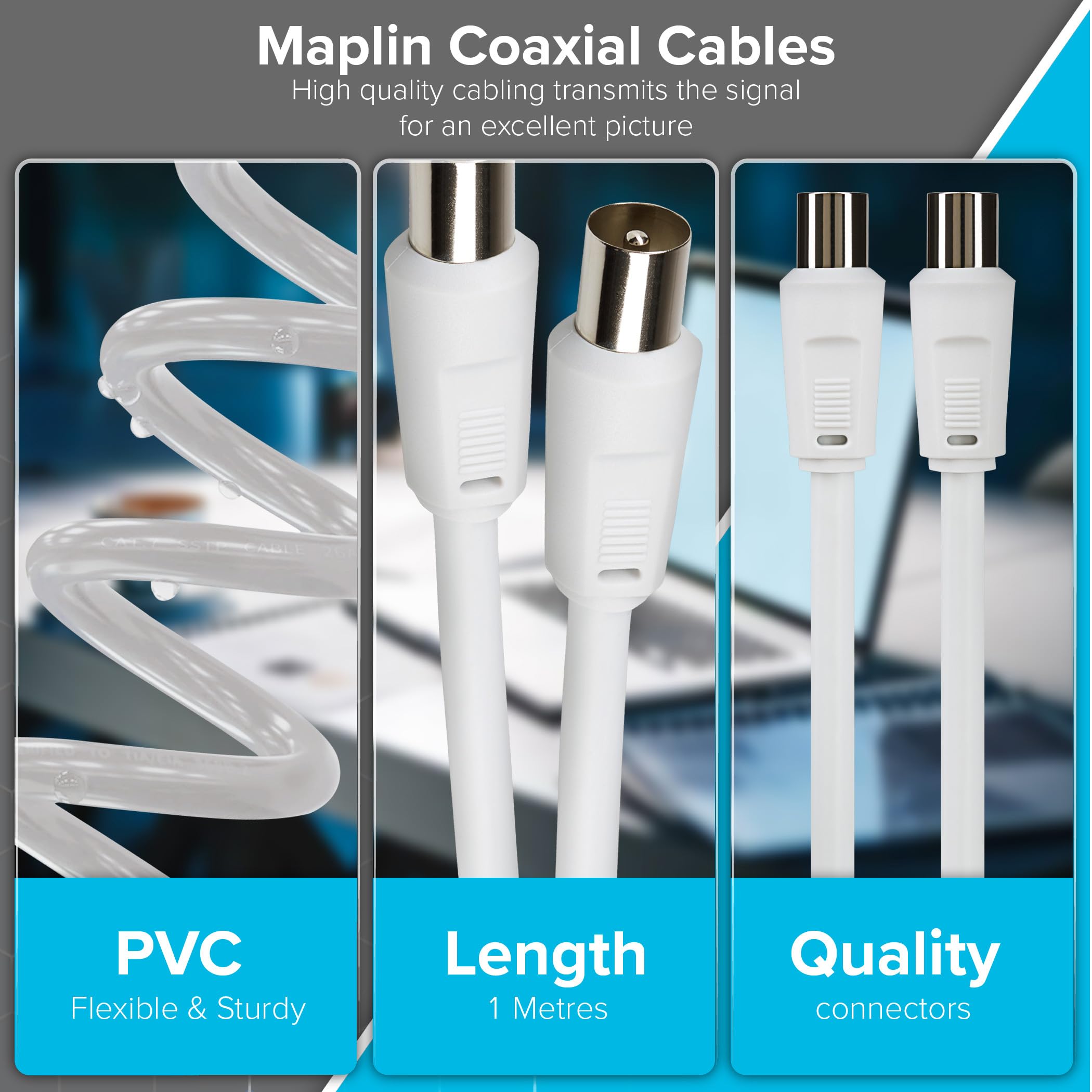 Maplin Kabel koncentryczny do telewizora, 1 m, męski na męski RF, kabel satelitarny, kabel koncentryczny, przewód do Sky/SkyHD, Virgin TV, BT, Freeview, magnetowid, odtwarzacz DVD, Freesat