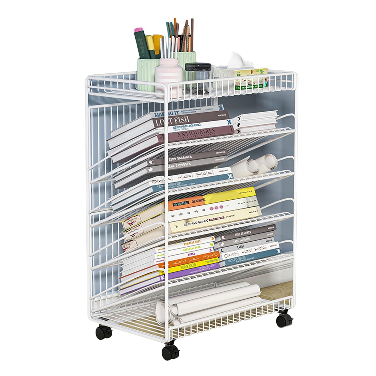 Carro de Libros Carro de Archivos con Ruedas de 6 Niveles, estantería móvil con Ruedas Carro de Almacenamiento con Ruedas Delgado para Oficina, Dormitorio, Aula, Biblioteca, Sala de Estar,Bl