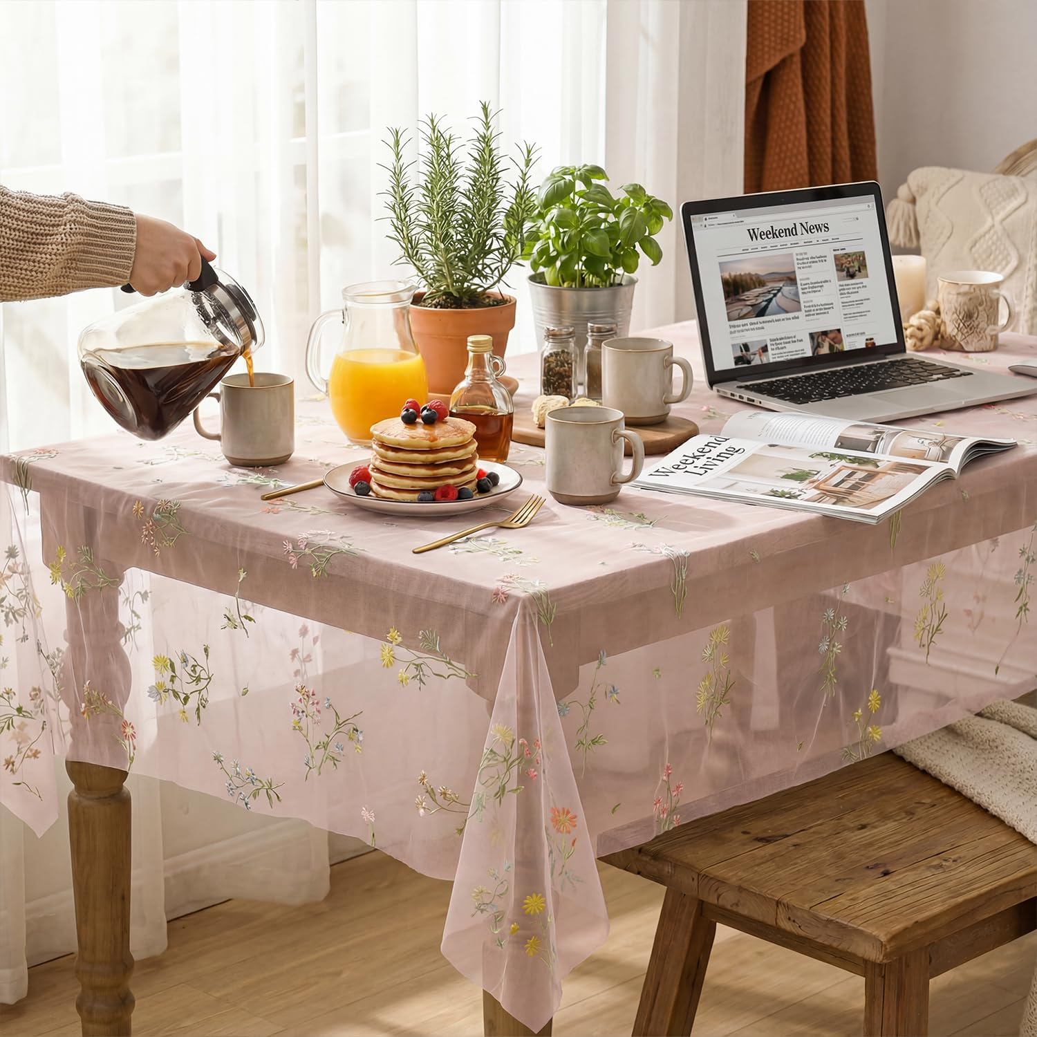 Horaldaily Embroidery Flower Pink Tablecloth 60×84 Inch Rectangular | Spring Summer Gauze Tablecloth, Seasonal Tulle Table Cover, Garden Party Decor, Resuable,Washable