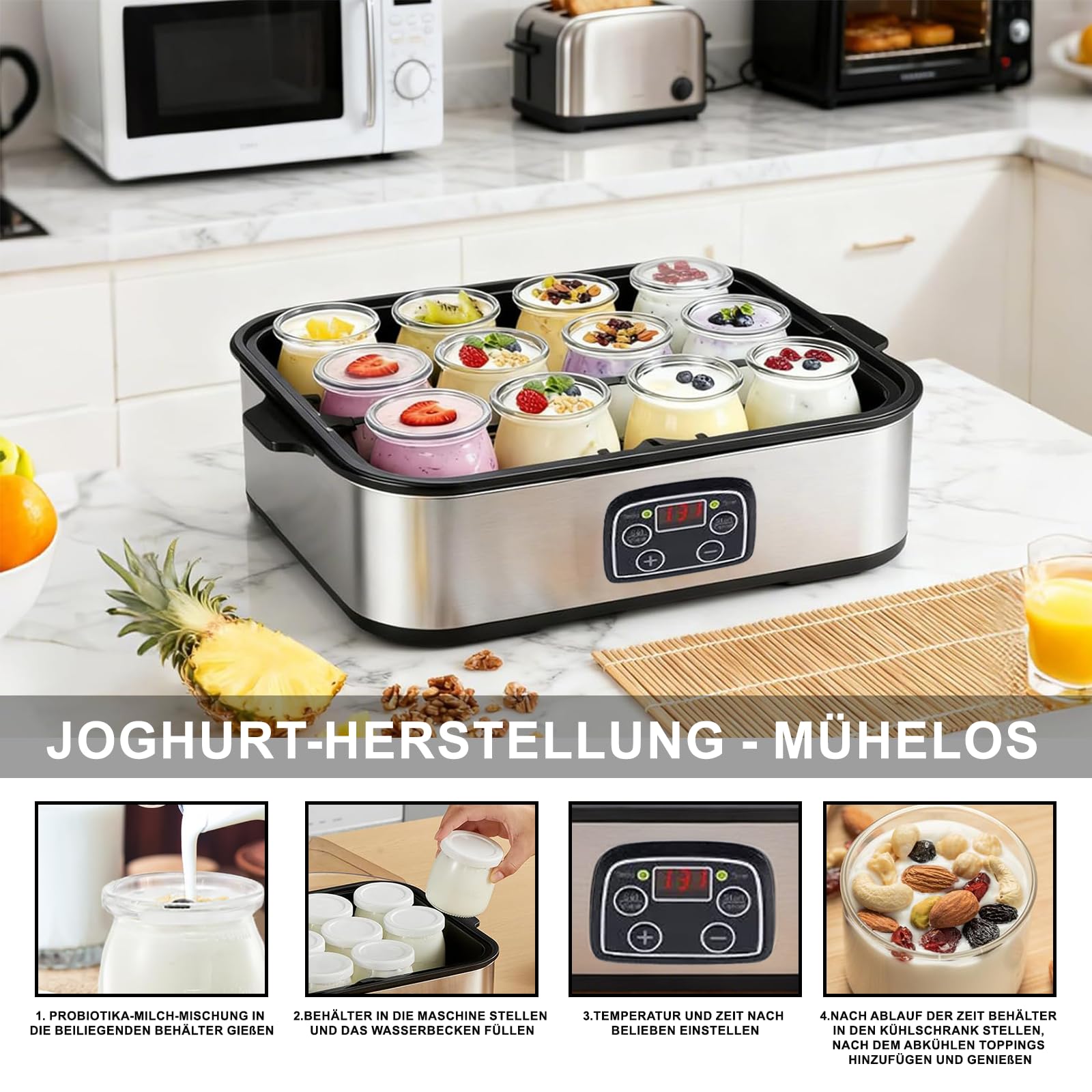 Joghurtbereiter 25W inkl 12 Glasbehälter à 180 ml Gesamtkapazität 2160 ml