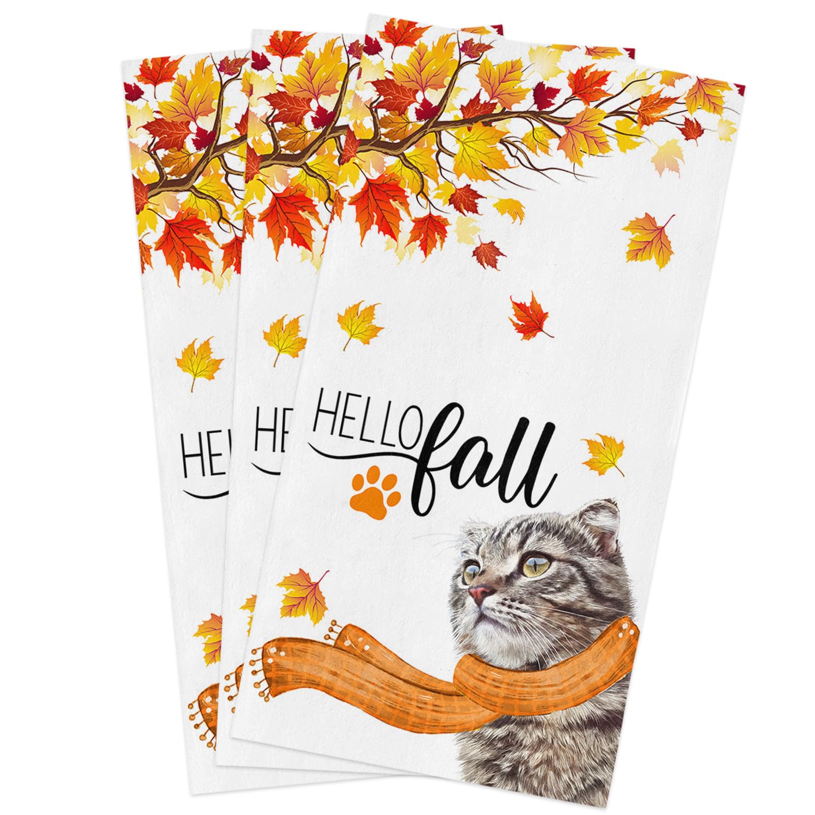 Hello Fall Cat Kitchen Towels Set of 3, Absorbent ...