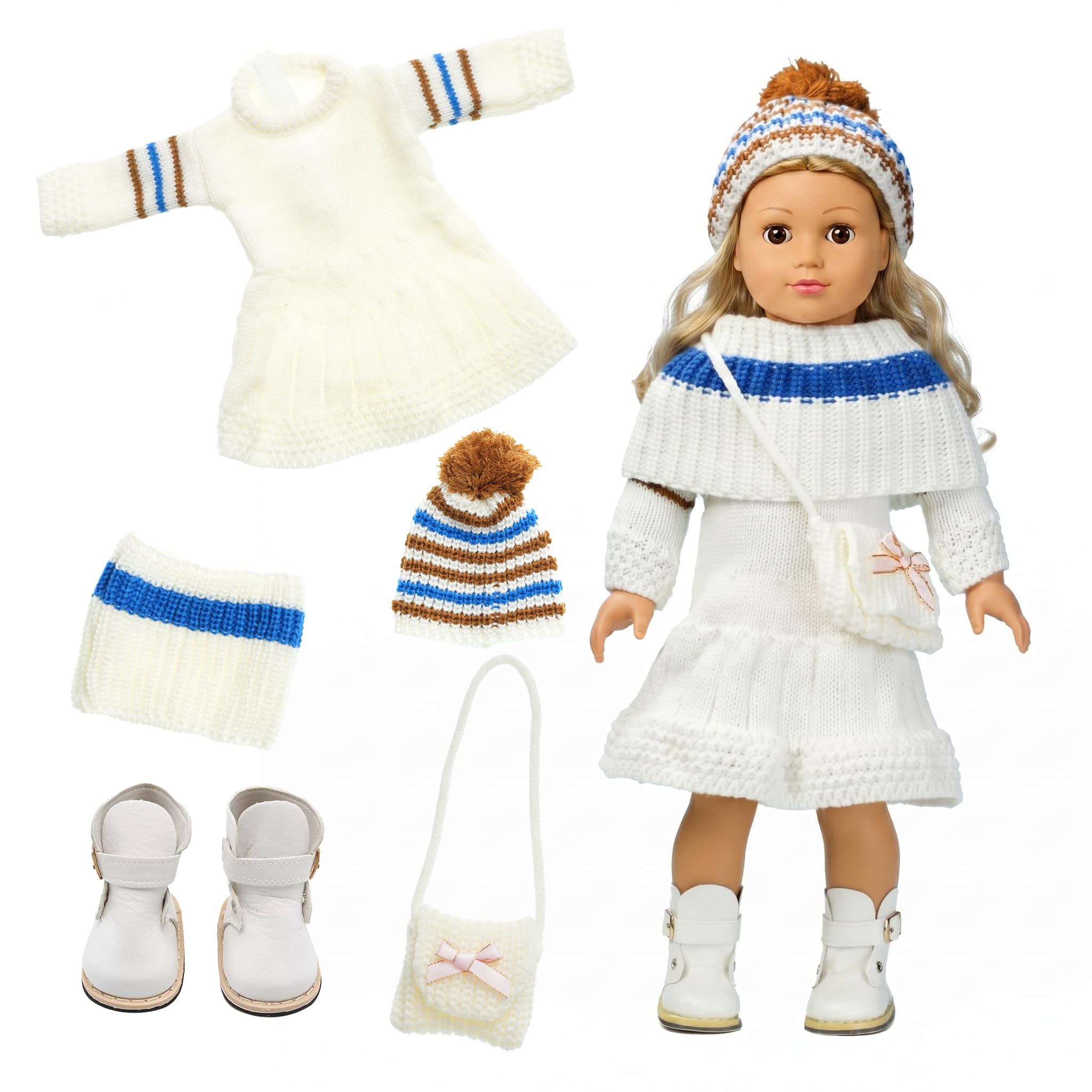 American 18 Inch Doll Clothes and Accessories Gift Set Includes Sweater Dress, Shawl, Beanie Hat, Boots, Bag（No Dolls）