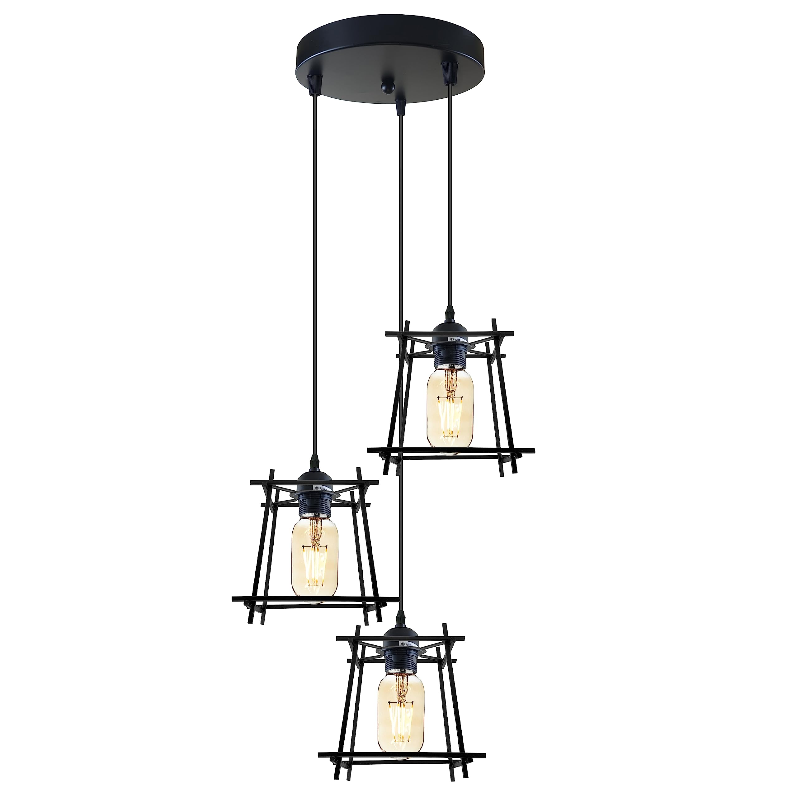DC VOLTAGE Retro Style Ceiling Light, Loft 3 Head Chandelier, Lantern Black Metal Naked Shades, Adjustable Hanging 60W E27 Base Pendant for Kitchen, Corridor, Living Room