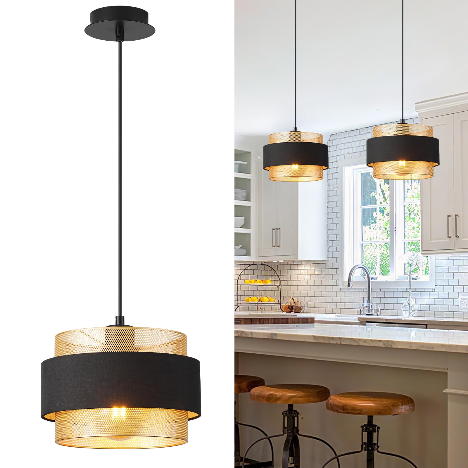 Harper Living Single Light Modern Pendant Ceiling Light, Black Fabric & Gold Mesh Metal Shade, 122Cm Height Adjustable Hanging Light, 40W E27 Ceiling Lamp For Living Room, Bedroom, Kitchen Island