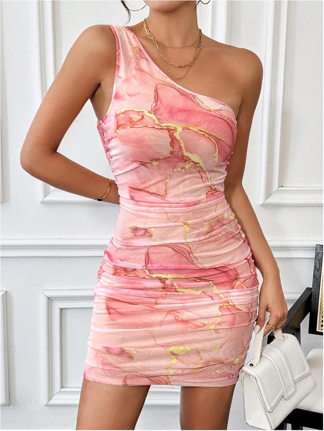 Verdusa Women's Floral Print One Shoulder Bodycon Dress Ruched Backless Mini Dress - Image 5