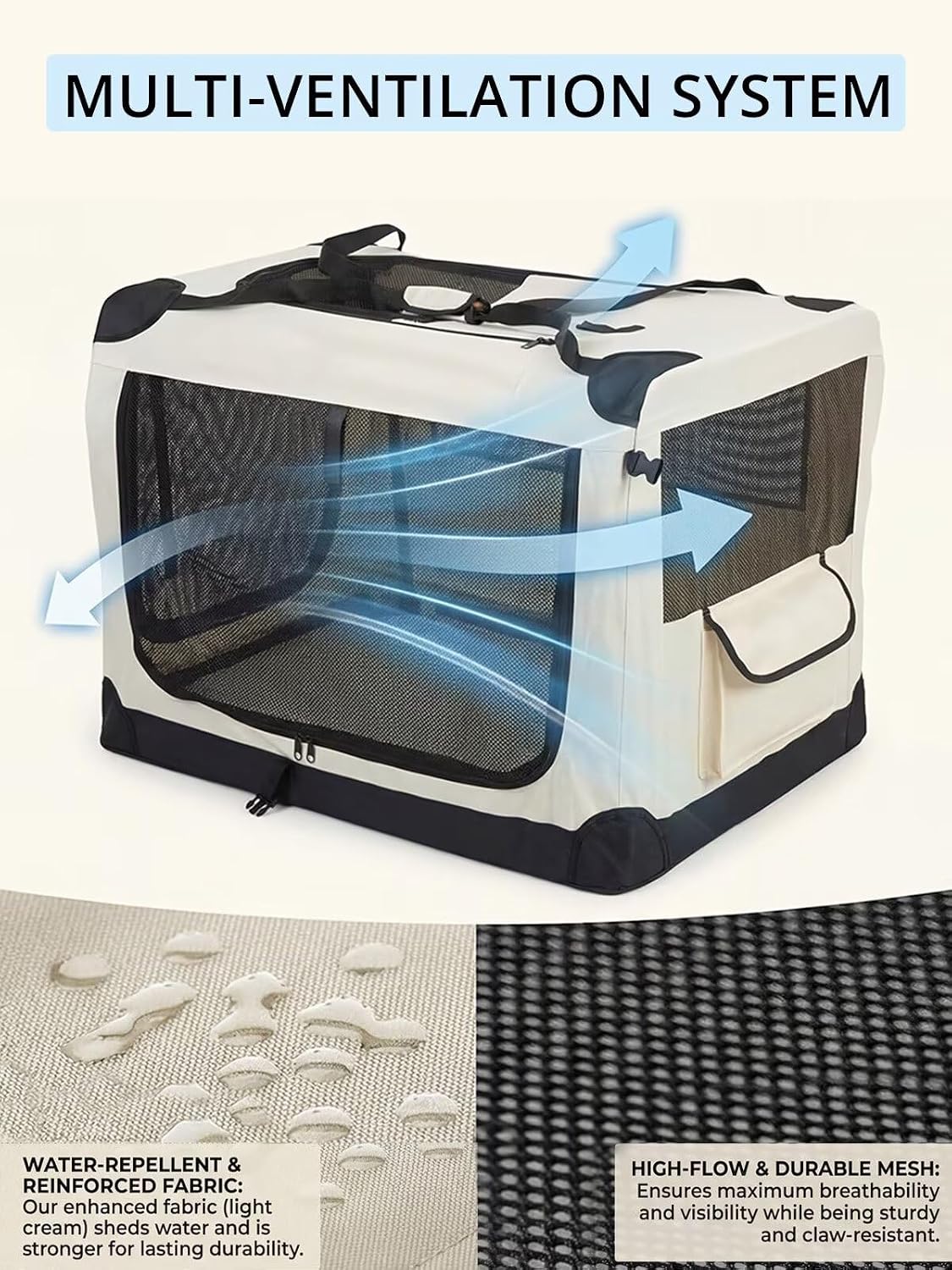 Portable Folding Soft Dog Crates for Small Dogs, 3 Mesh Doors, Collapsible Travel Kennel, Easy to Assemble, Grey, (20" x 14" x 14")