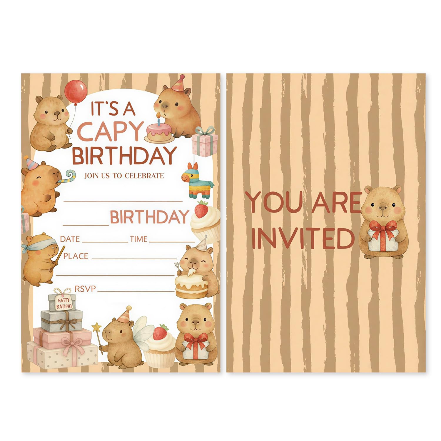 25 Pcs Capybara Card Party Invitation Cards, Birthday Invitations for Girls, Cute Capybara Birthday Decorations Theme, Birthday Card Cute Style Invites for Kids, 5.9×3.9 Inches
