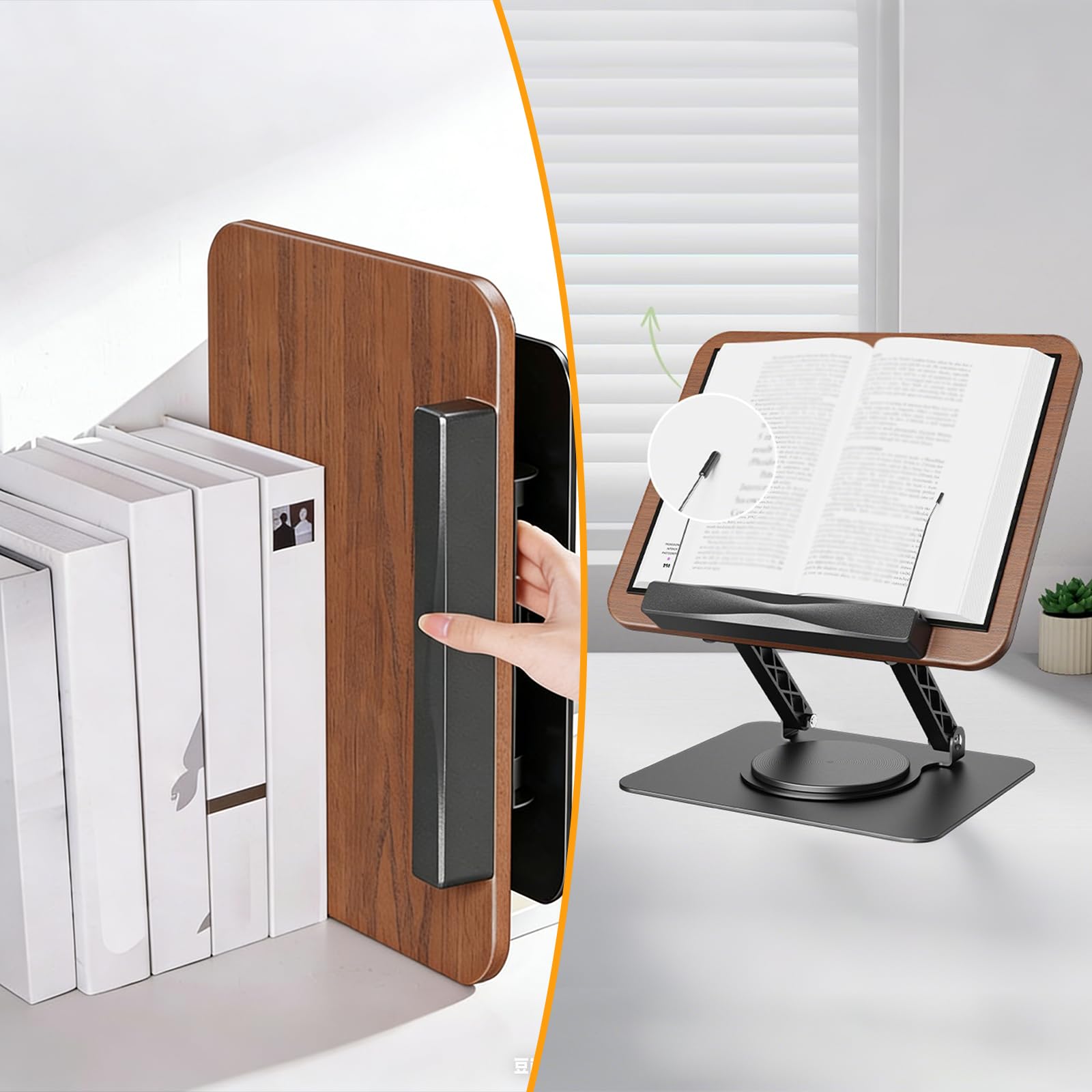 Leggio per Libri, Supporto per Libri, Leggio da Tavolo, Supporto Regolabile, Leggio da Lettura in Legno Regolabile e Girevole a 360°, pieghevole e Stabile, per Ricettari, Riviste, Quaderni