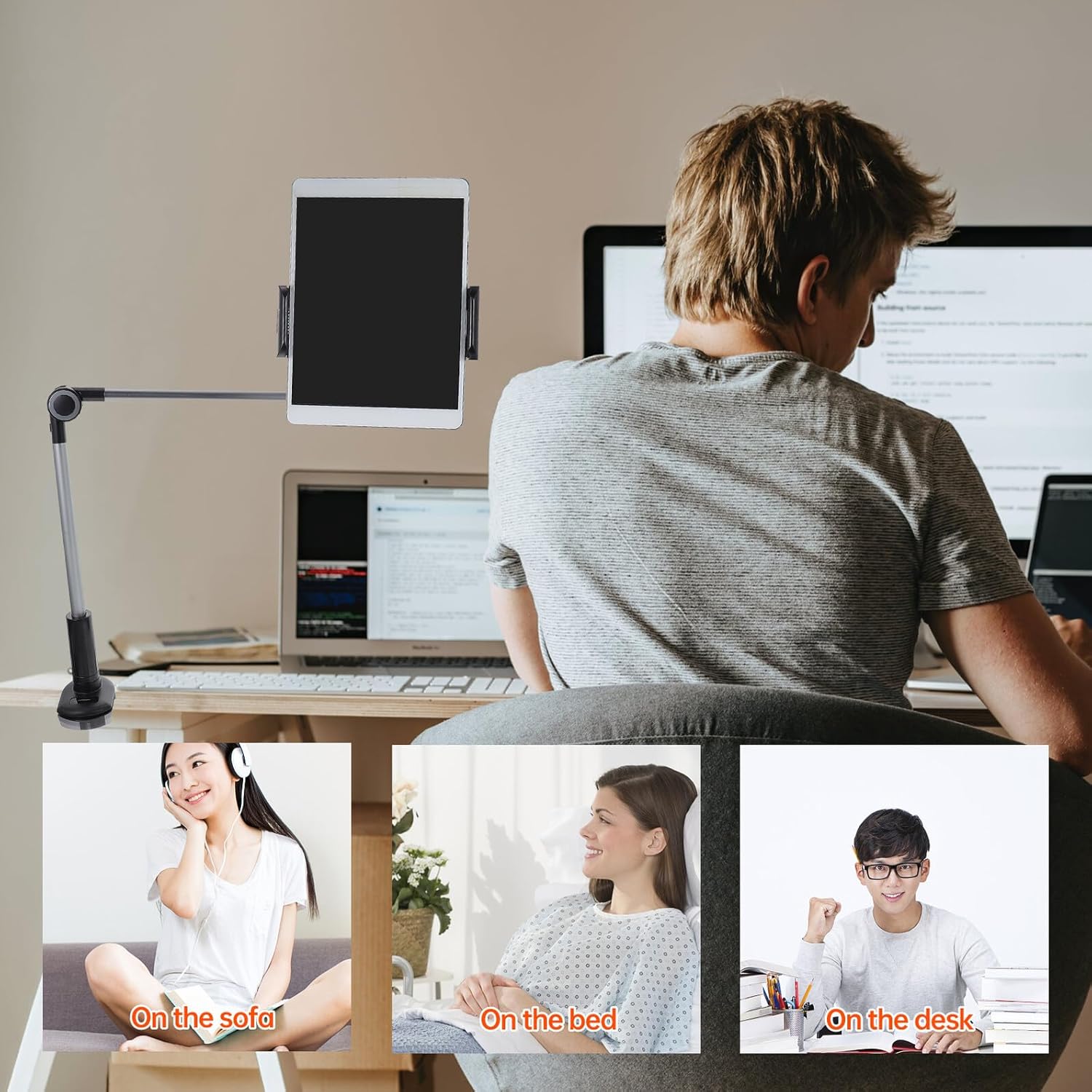 Desktop Phone Stand and Tablet Bracket Bedside Clip Holder for 4.7-12.9 Inch Devices Universal Phone Accessory Compatible with Headboard and Desk Use