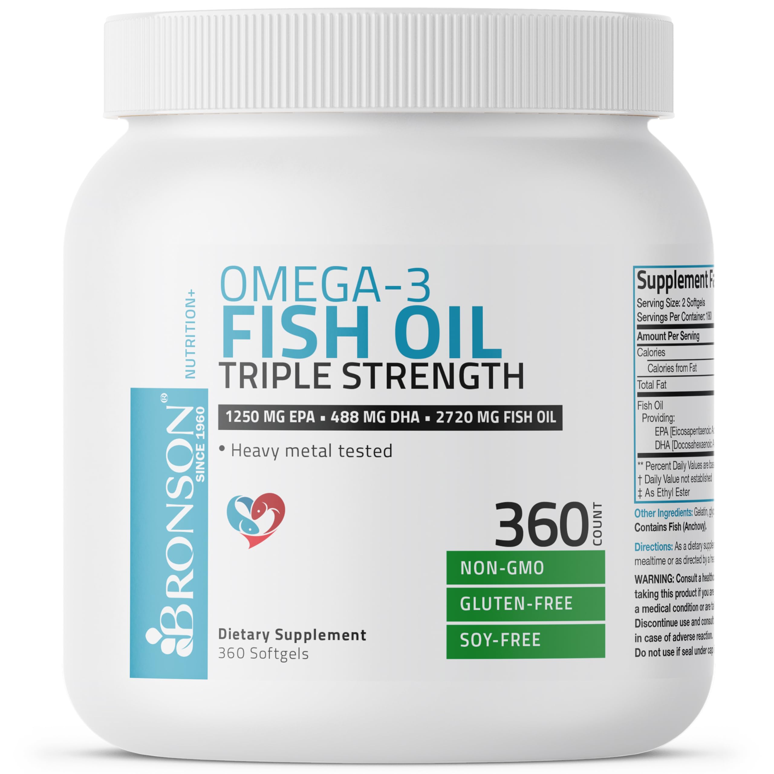 Bronson Omega 3 Fish Oil Triple Strength 2720 mg, High EPA 1250 mg DHA 488 mg, Non-GMO Heavy Metal Tested, 360 Softgels