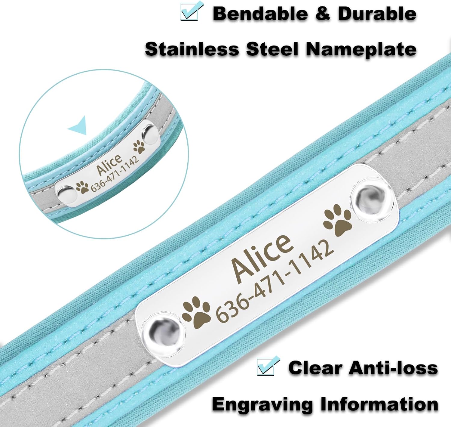 Personalized Neoprene Padded Reflective Dog Collar and Leash Set,Custom Engraved Dog Collar with Name Plate for Small Medium Large Dogs (XL,Blue Set)