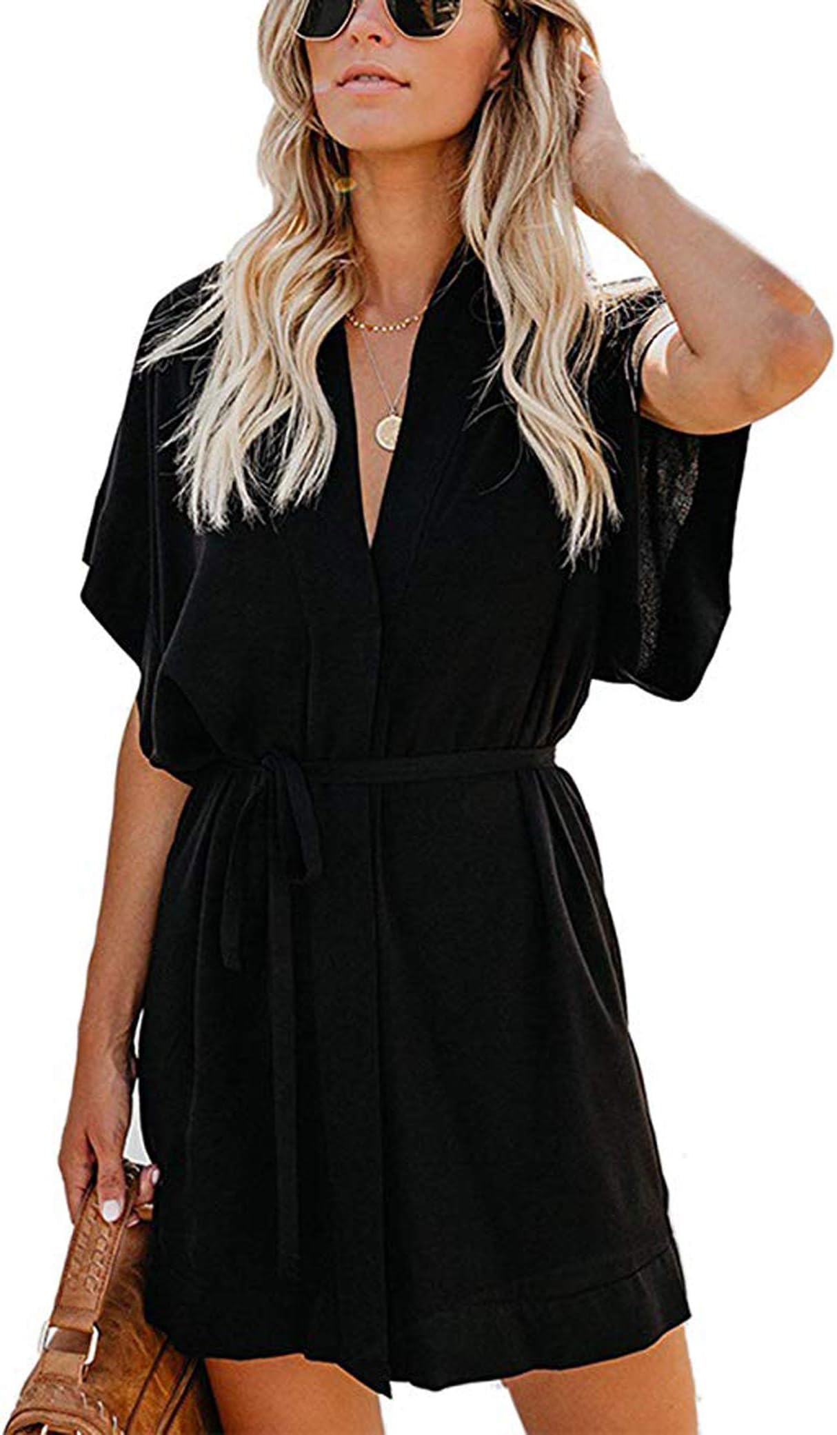 HOYMN Womens Button V-Neck Dress, Bohemian Floral Print Summer Dress Short Sleeve Casual Midi Dress with Belt