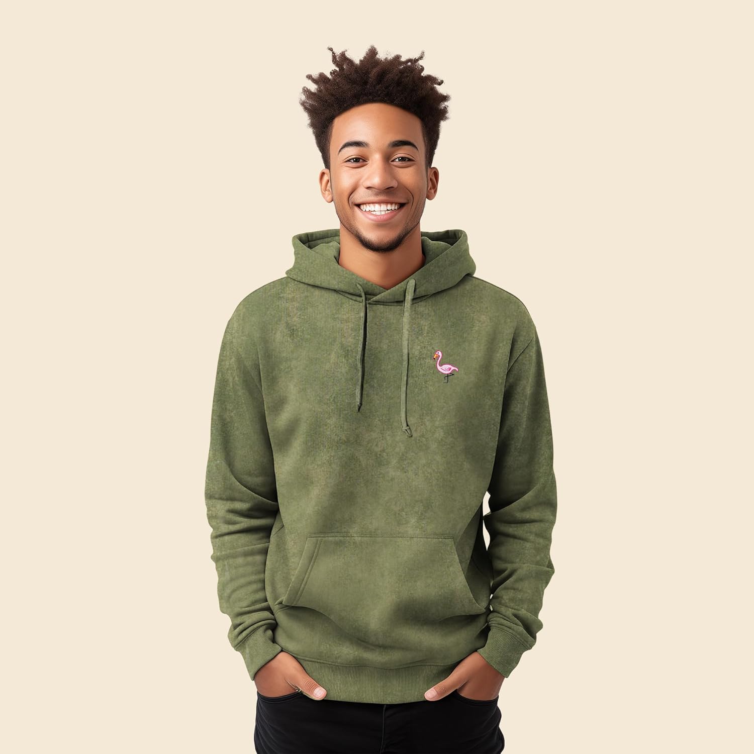 DALIX Flamingo Embroidered Fleece Hoodie Mineral Wash Long Sleeve Sweatshirt Mens