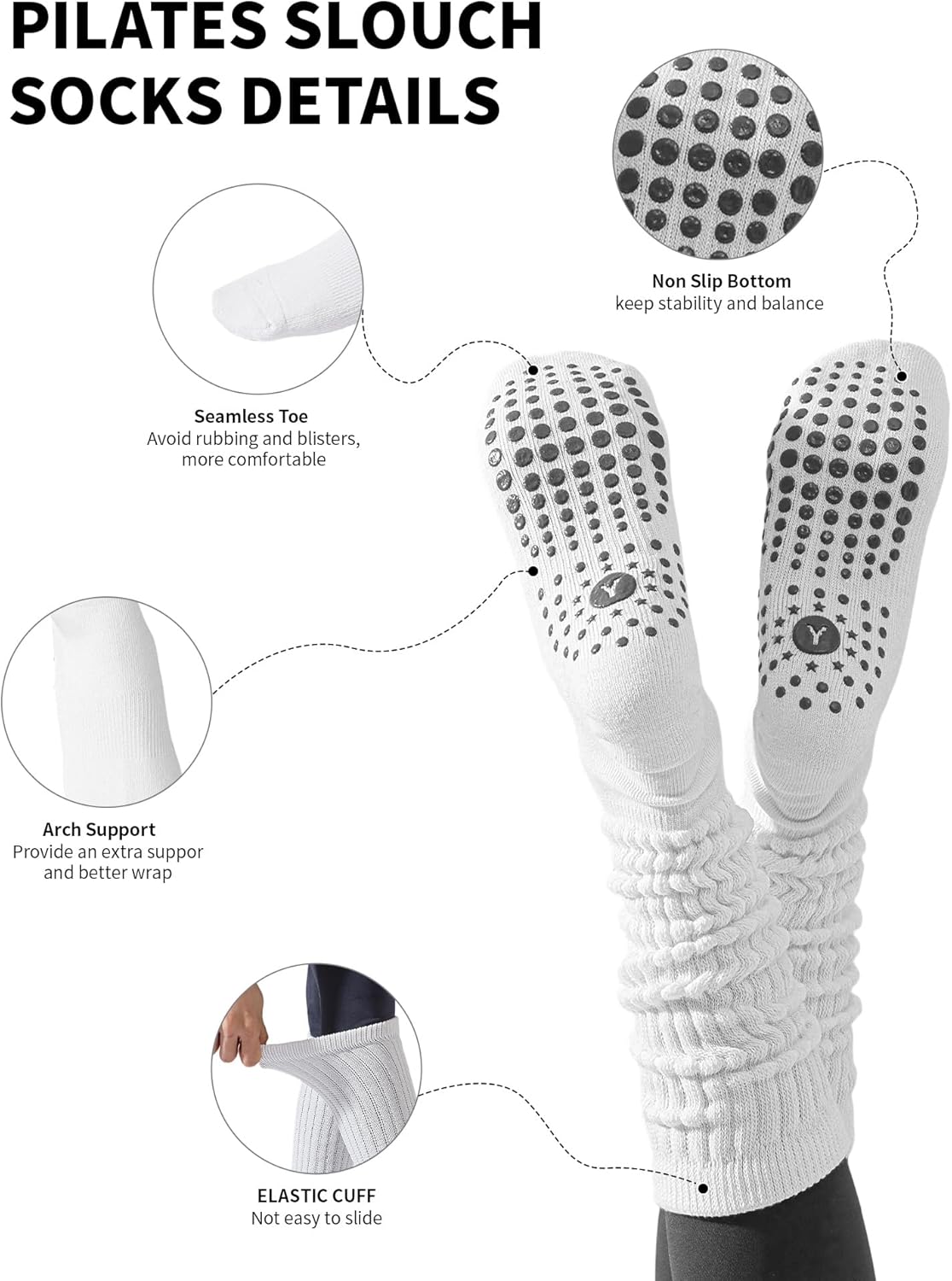 Yawlsow Pilates Socks with Grips for Women Yoga Ruffle Grippy Non Slip Long Slouchy Scrunch Socks for Barre Workout Hospital - Image 3
