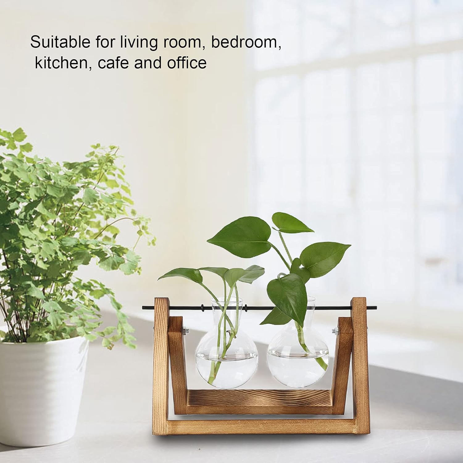 GLOGLOW Desktop Propagation Station, Metal Swivel Holder Plant Terrarium with Wooden Stand Planter Bulb Glass Vase (Retro Frame + Double Bottle)
