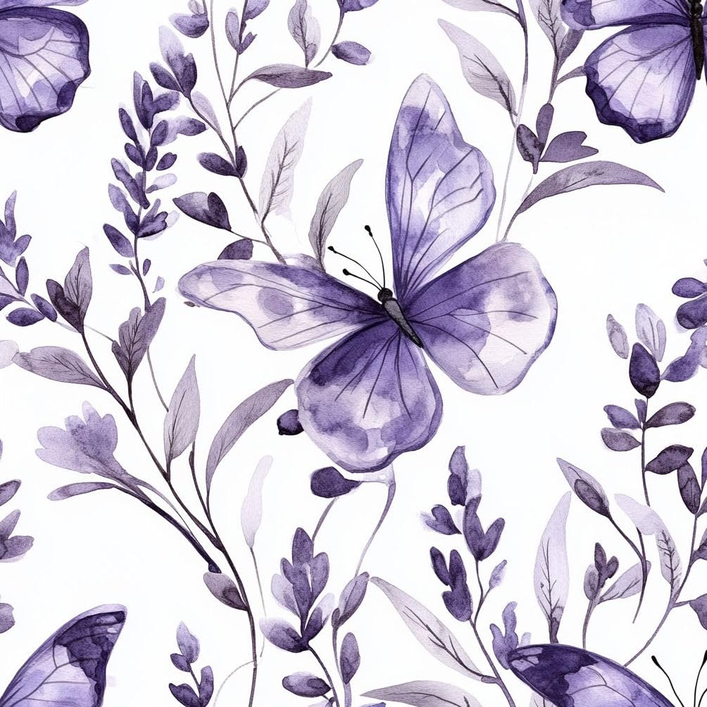JIAOQSS Removable Wallpaper Purple Lavender Flowers Butterfly Stick on Wallpaper Waterproof Sticky Back Plastic Living Room Bedroom Wall Furniture Vinyl Wrap