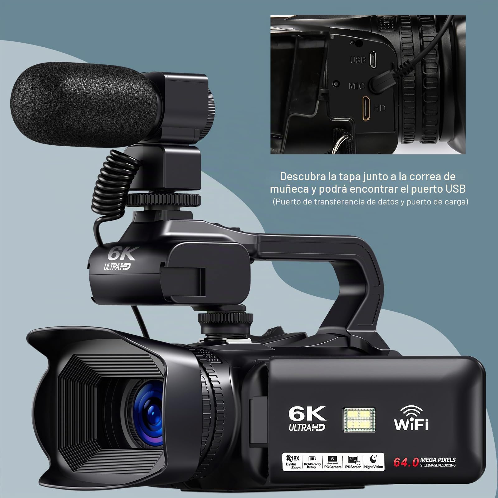 Videocámara 6K con 64MP, zoom digital 18X, visión nocturna IR, pantalla táctil de 4,0 pulgadas, WiFi, batería de 4500 mAh, tarjeta SD de 64 GB, estabilizador y mando a distancia