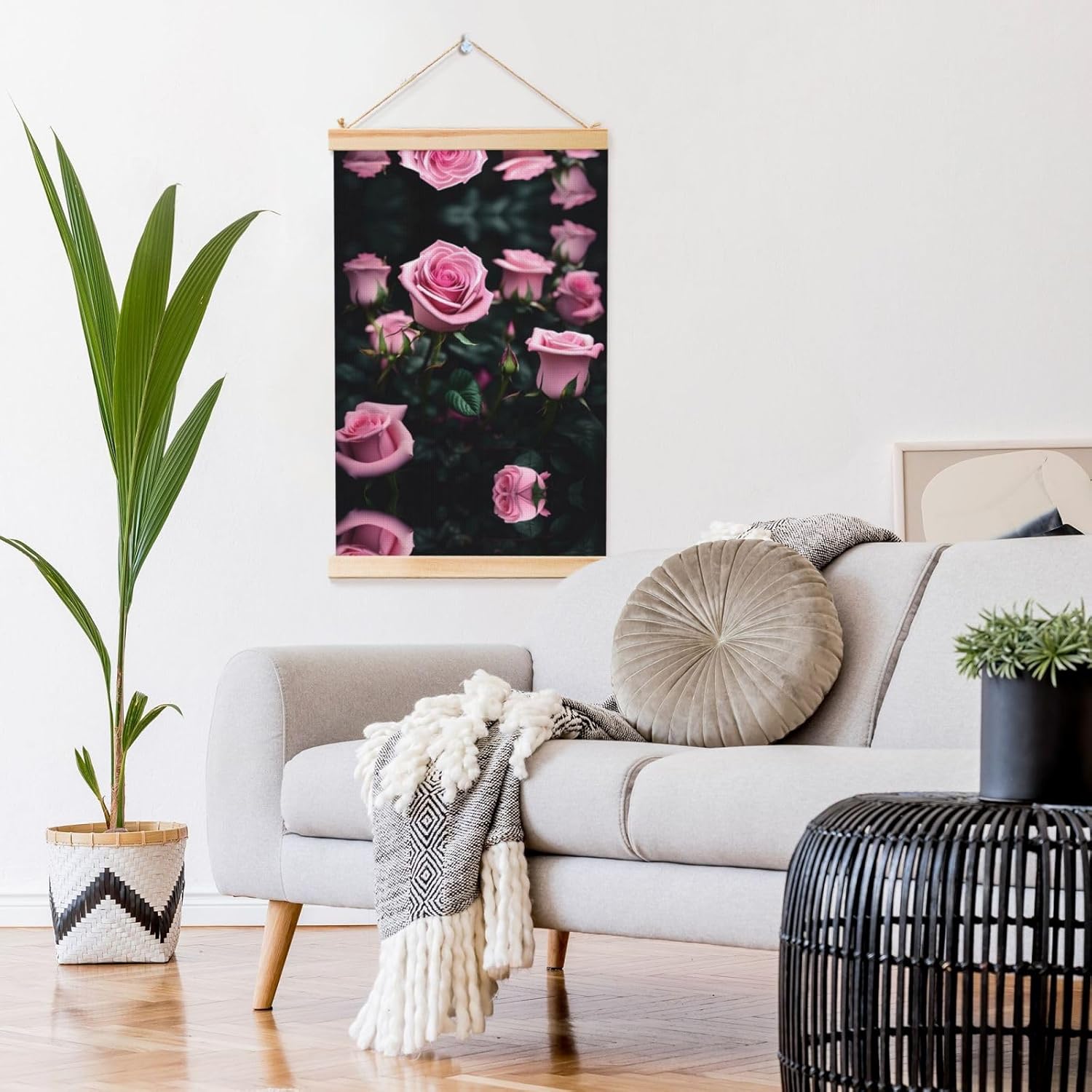 Pink Rose Print Print Poster Hanger,Hanging Poster, Poster Frame,Wood Poster Hanger, For Wall Hanging