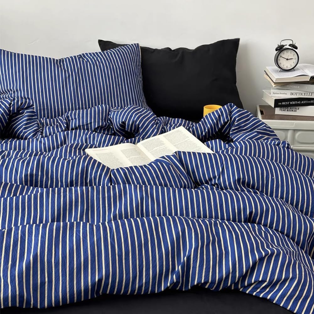 Michorinee Double Duvet Cover Dark Blue White Stripe Pattern Girls Bedding