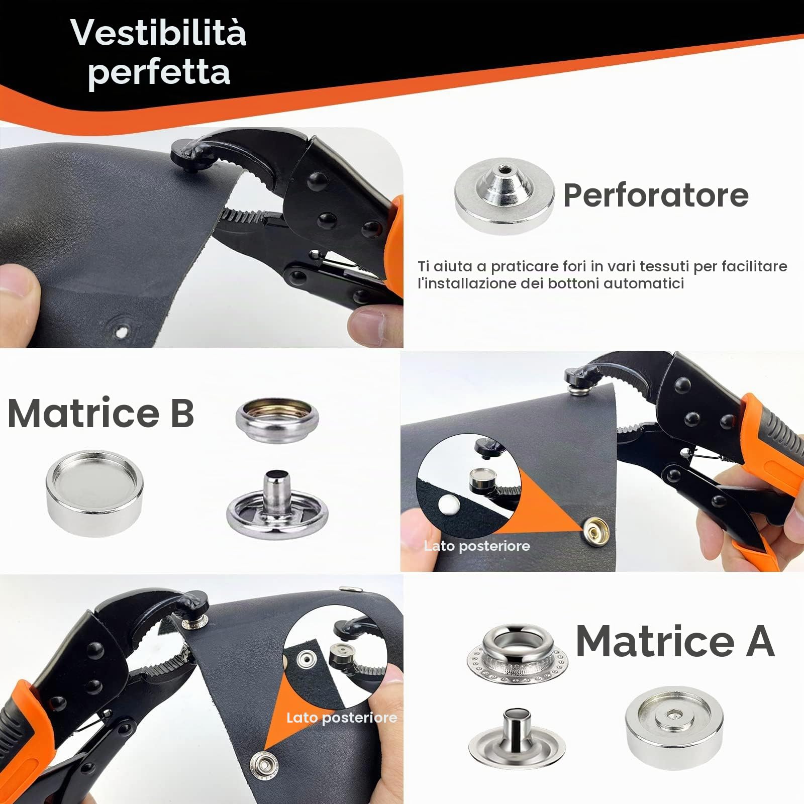Pinze per Bottoni a Pressione Set, funzione di punzonatura, strumento pulsante a scatto con setter regolabile, strumento a scatto da 15 mm include 40 set di bottoni automatici marini
