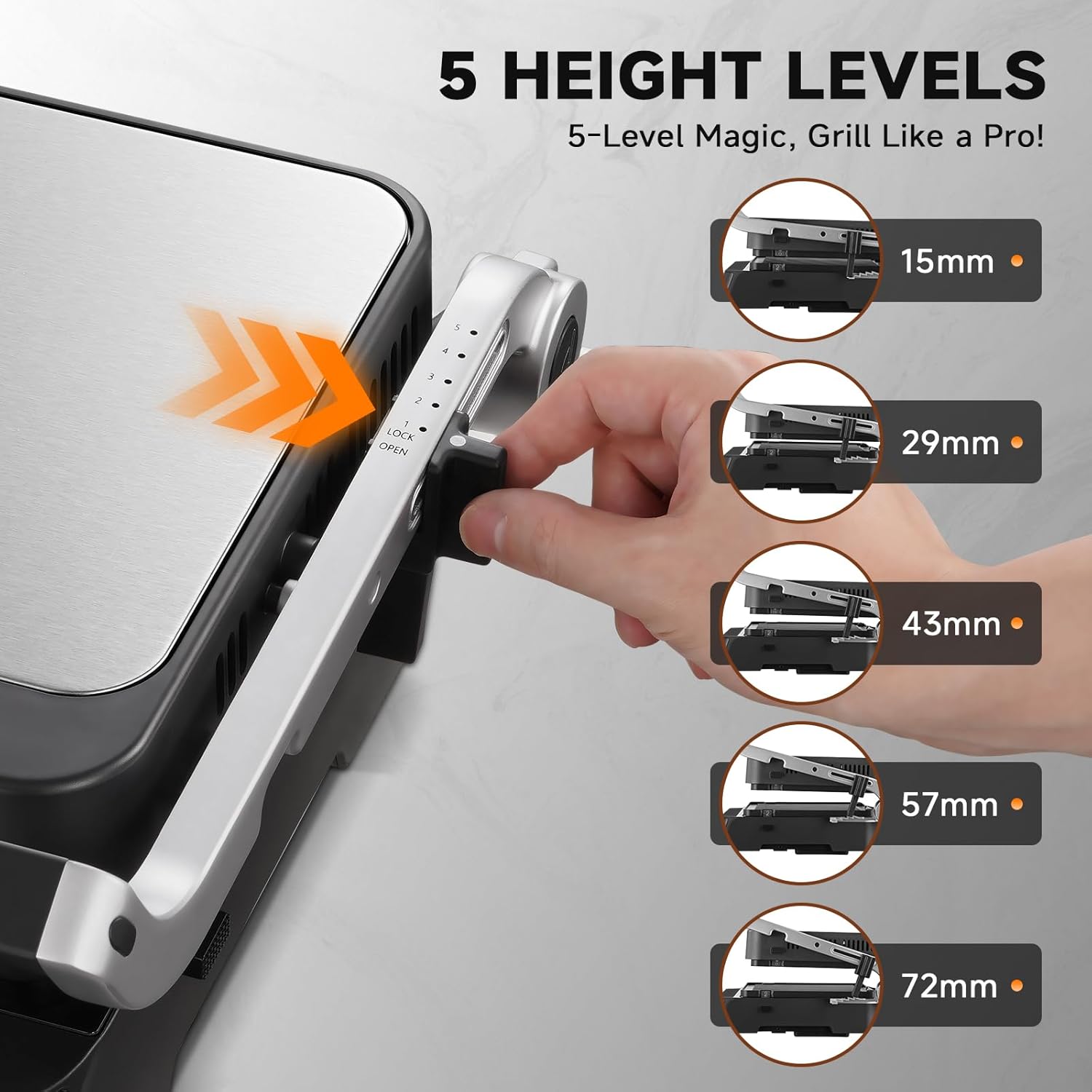 Grill with 5 height adjustment levels